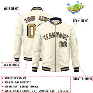 Custom Cream Old Gold-Navy Varsity Full-Zip Letterman Bomber Jacket