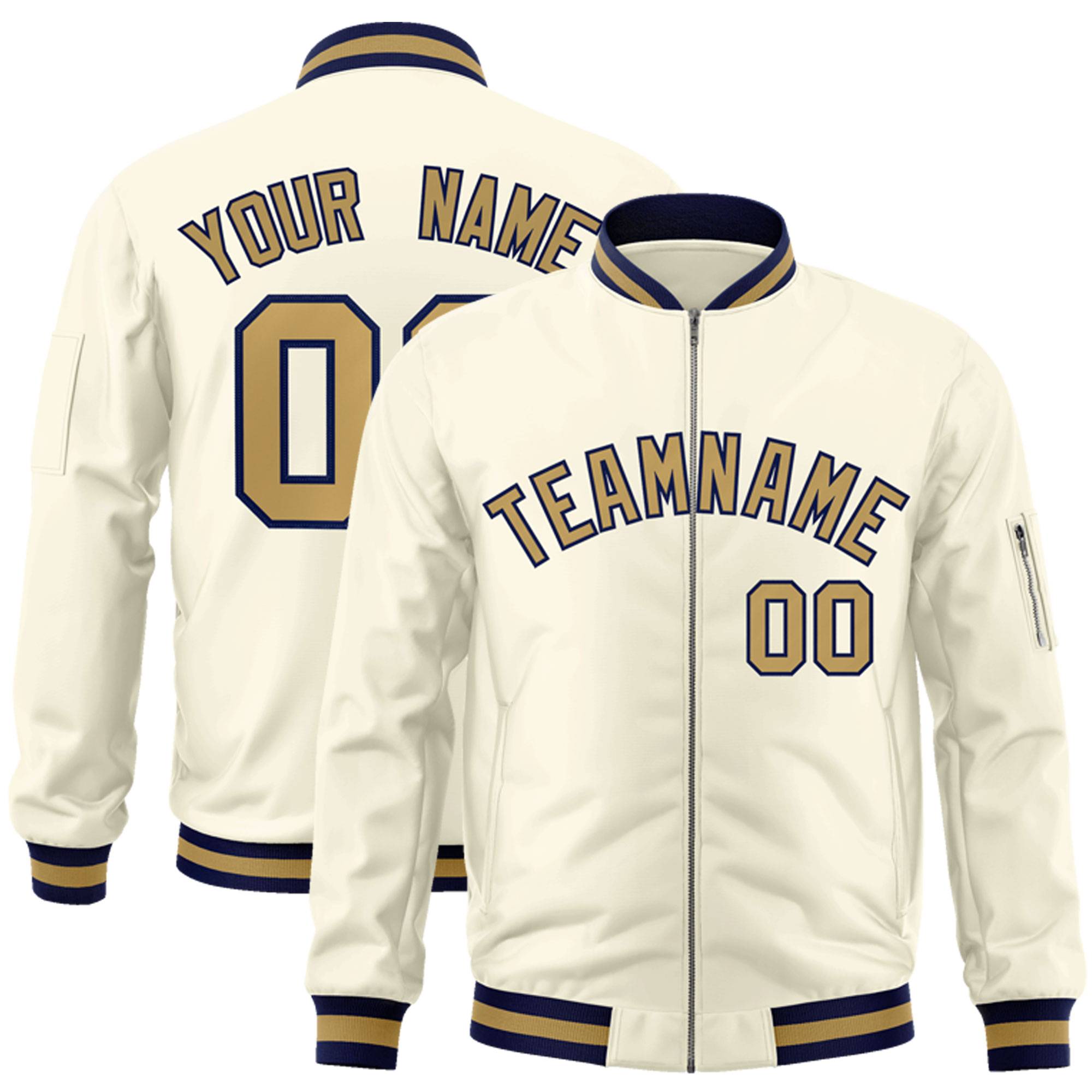 Custom Cream Old Gold-Navy Varsity Full-Zip Letterman Bomber Jacket