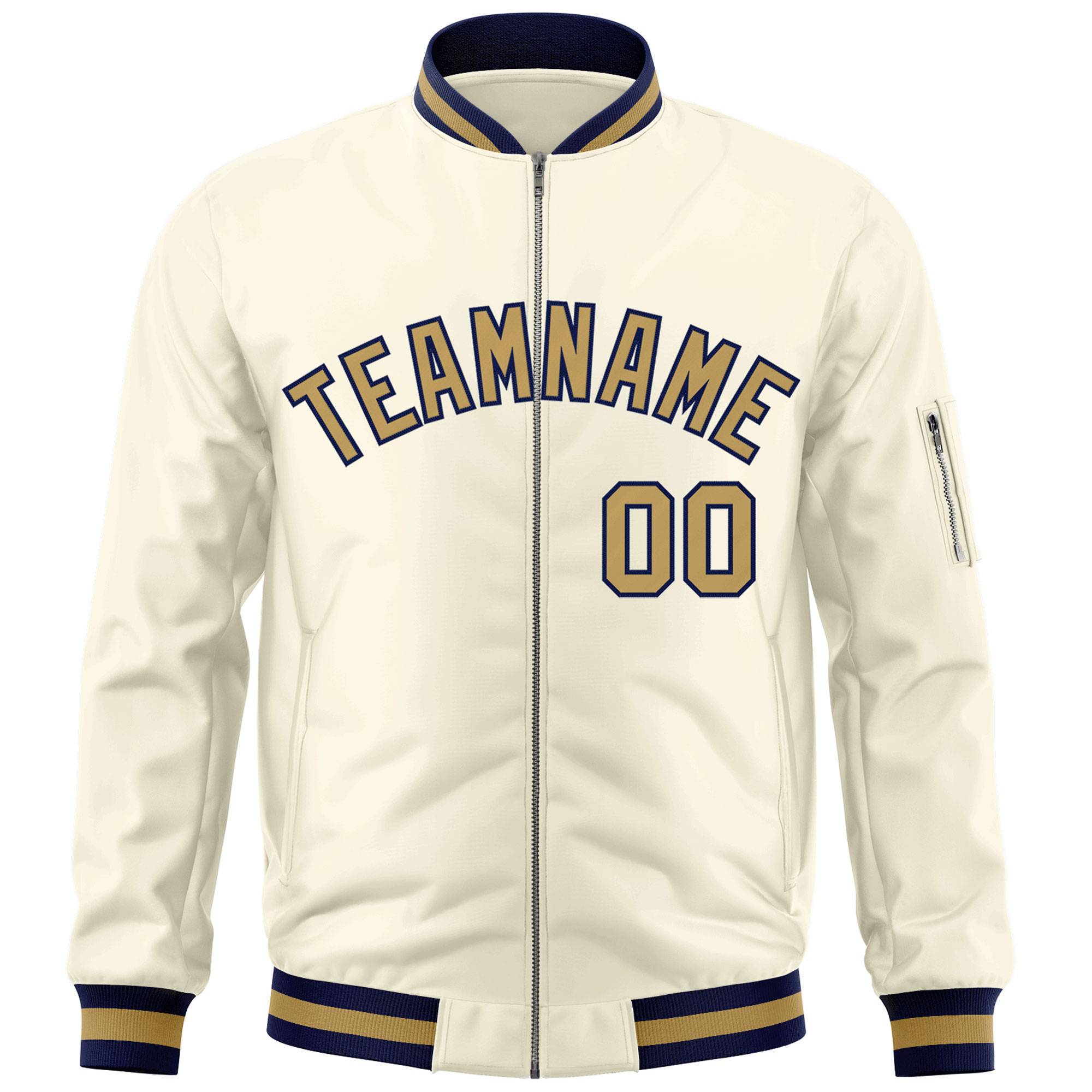 Custom Cream Old Gold-Navy Varsity Full-Zip Letterman Bomber Jacket