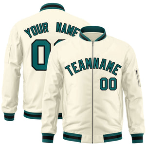 Custom Cream Aqua-Black Varsity Full-Zip Letterman Bomber Jacket