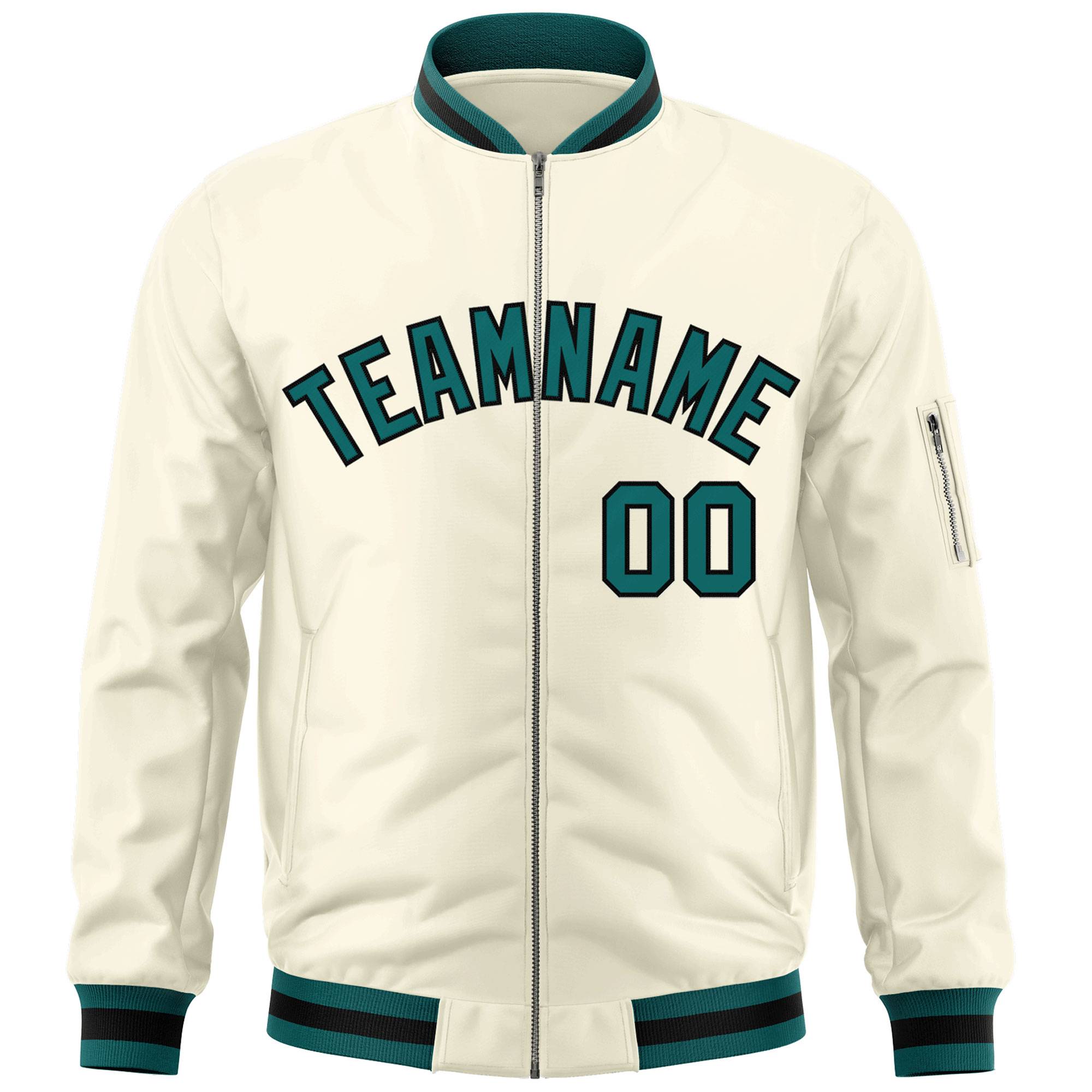 Custom Cream Aqua-Black Varsity Full-Zip Letterman Bomber Jacket