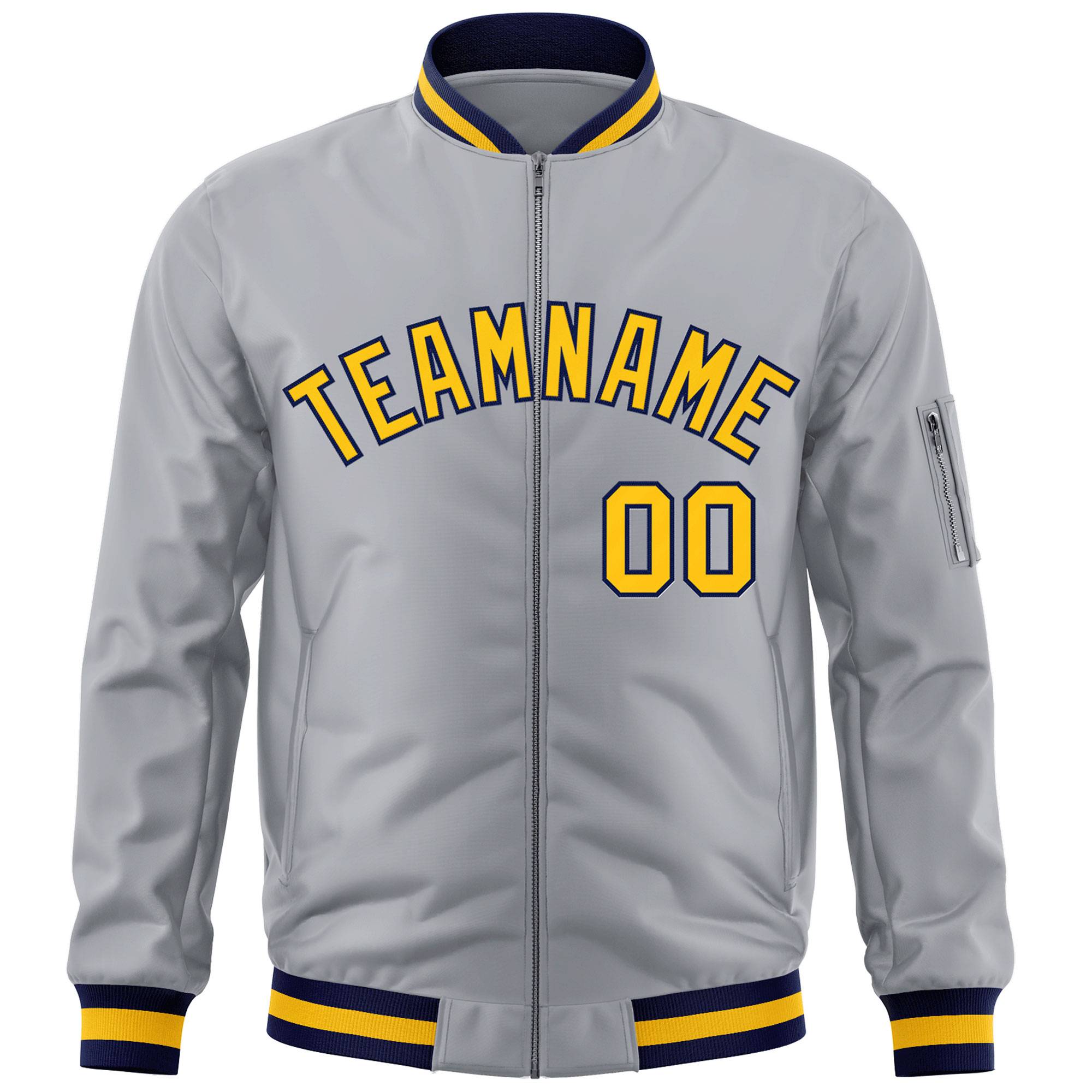 Custom Gray Gold-Navy Varsity Full-Zip Letterman Bomber Jacket