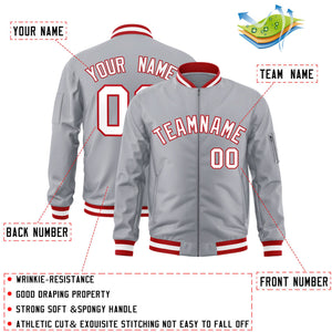 Custom Gray White-Red Varsity Full-Zip Letterman Bomber Jacket