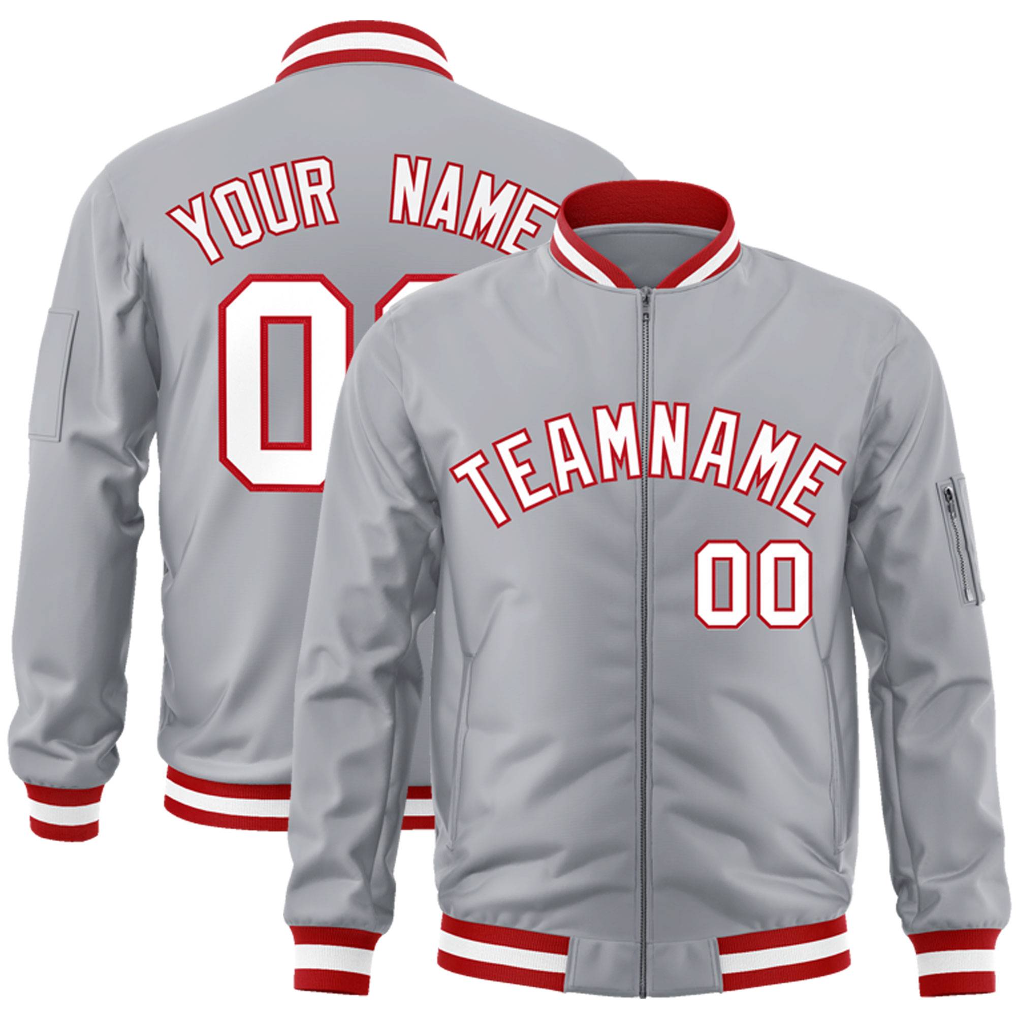 Custom Gray White-Red Varsity Full-Zip Letterman Bomber Jacket