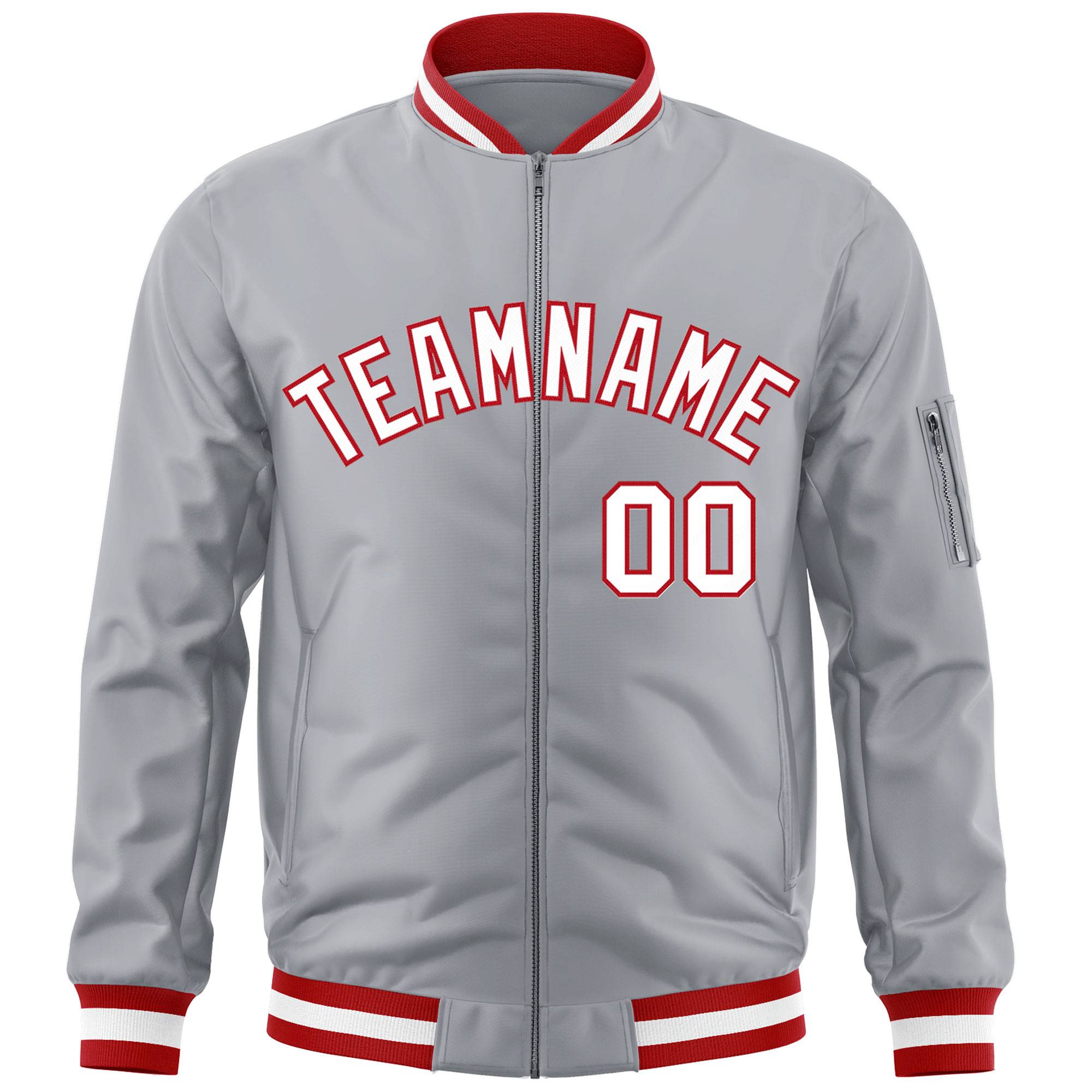 Custom Gray White-Red Varsity Full-Zip Letterman Bomber Jacket