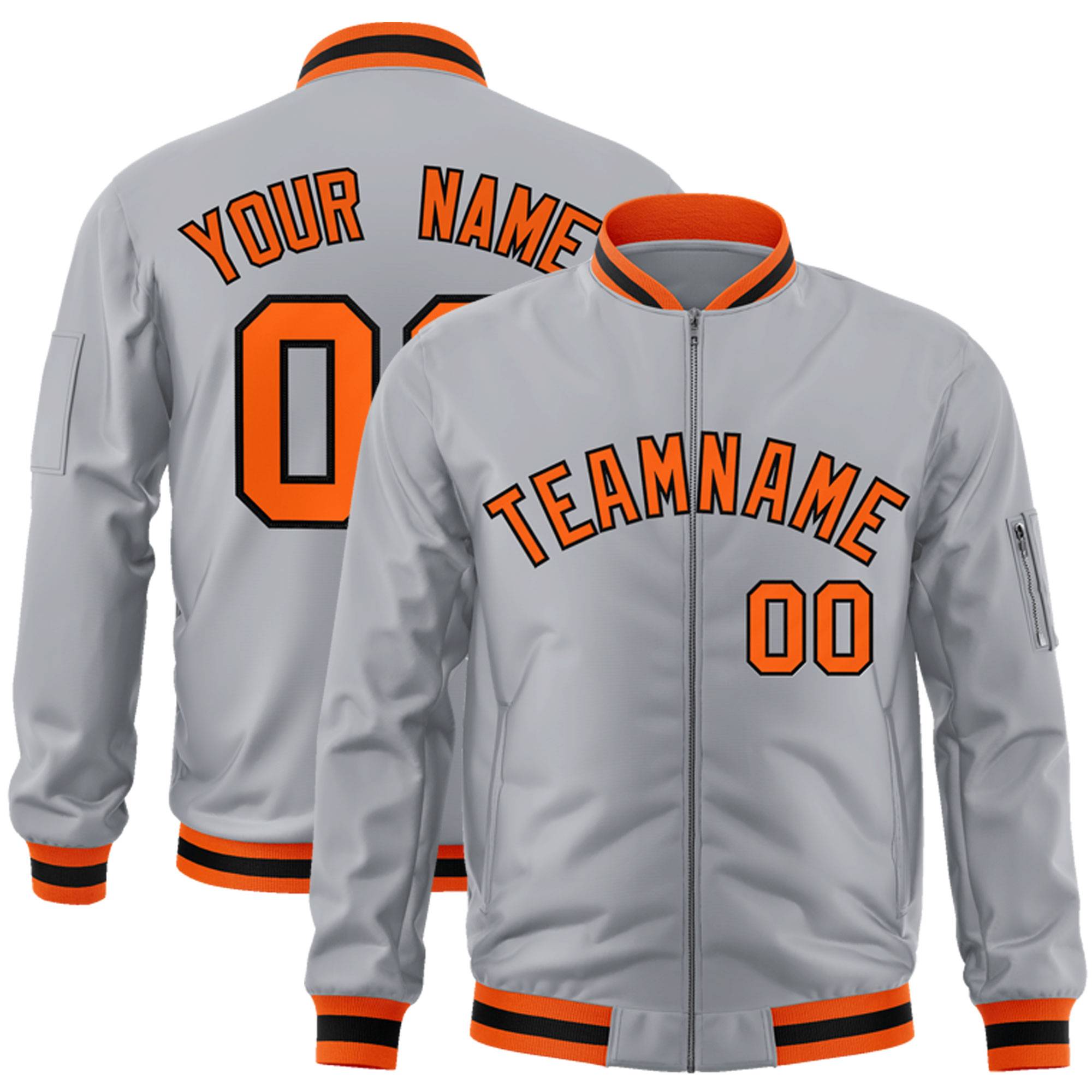 Custom Gray Orange-Black Varsity Full-Zip Letterman Bomber Jacket