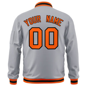 Custom Gray Orange-Black Varsity Full-Zip Letterman Bomber Jacket