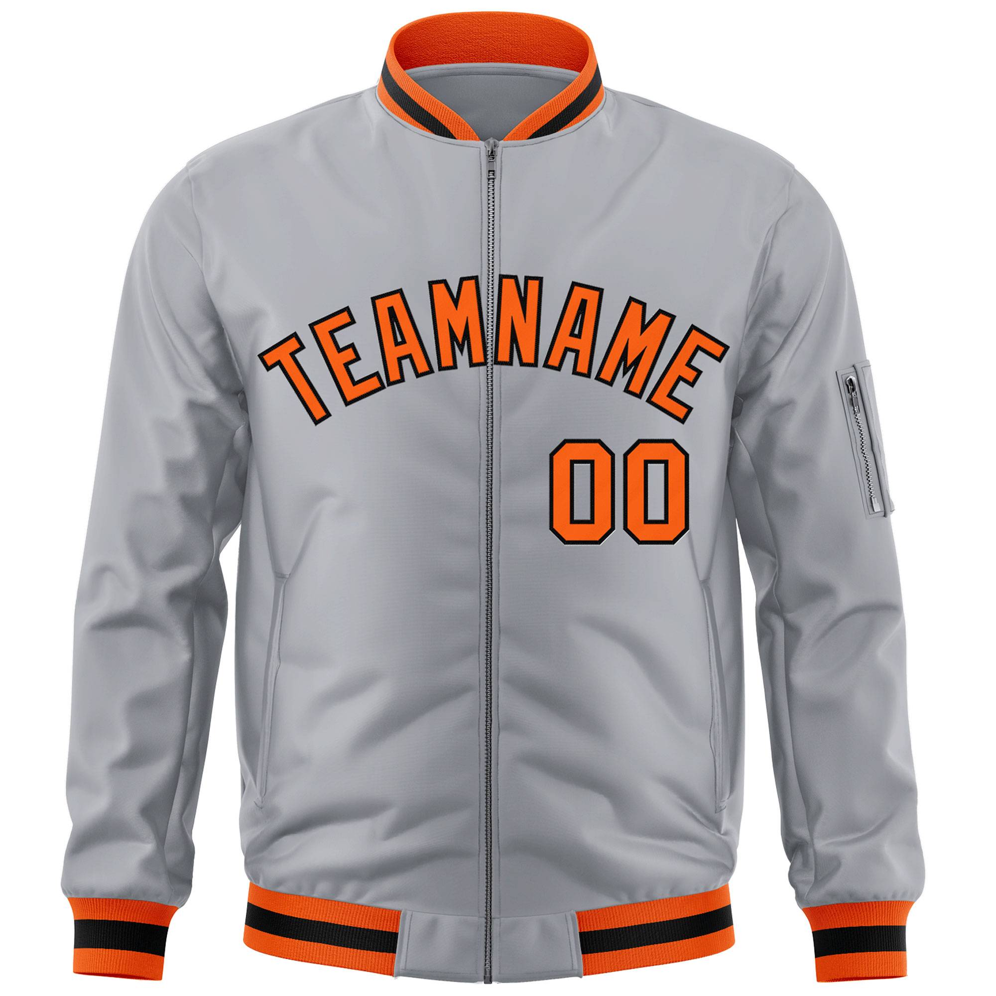 Custom Gray Orange-Black Varsity Full-Zip Letterman Bomber Jacket