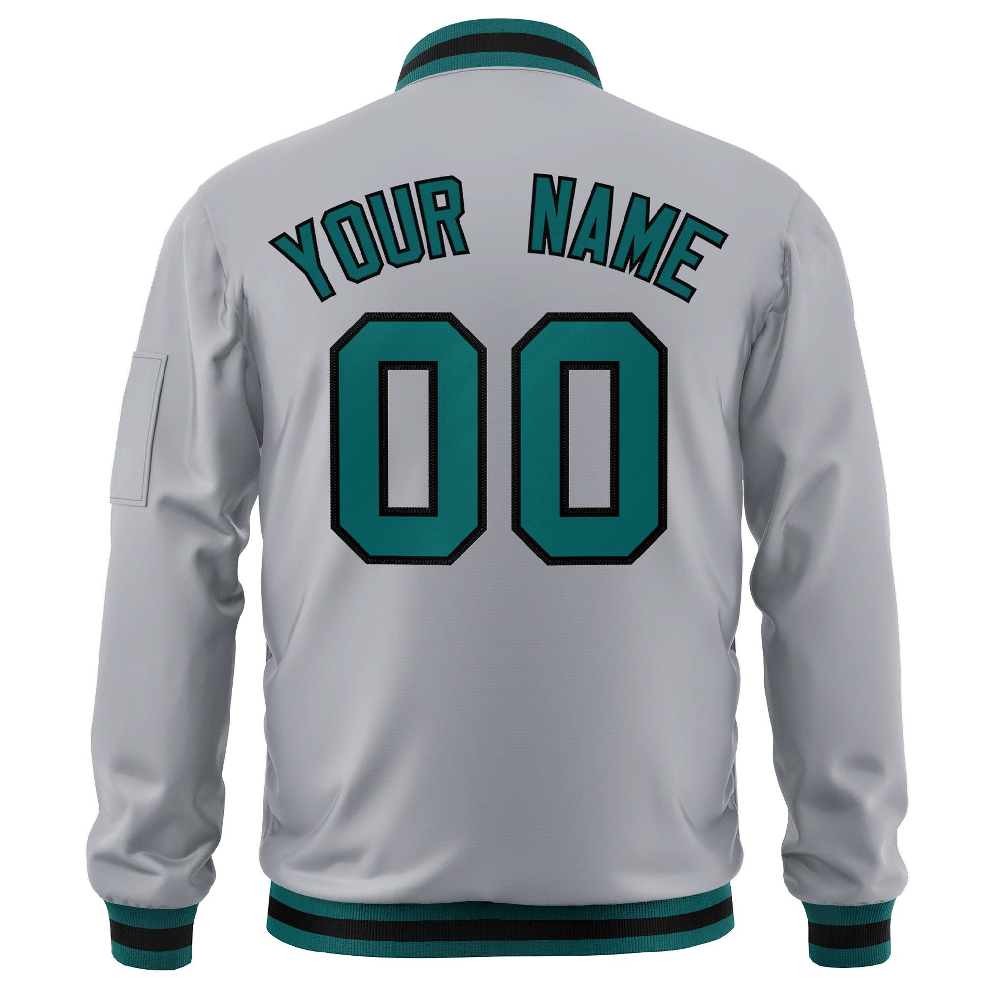 Custom Gray Aqua-Black Varsity Full-Zip Letterman Bomber Jacket