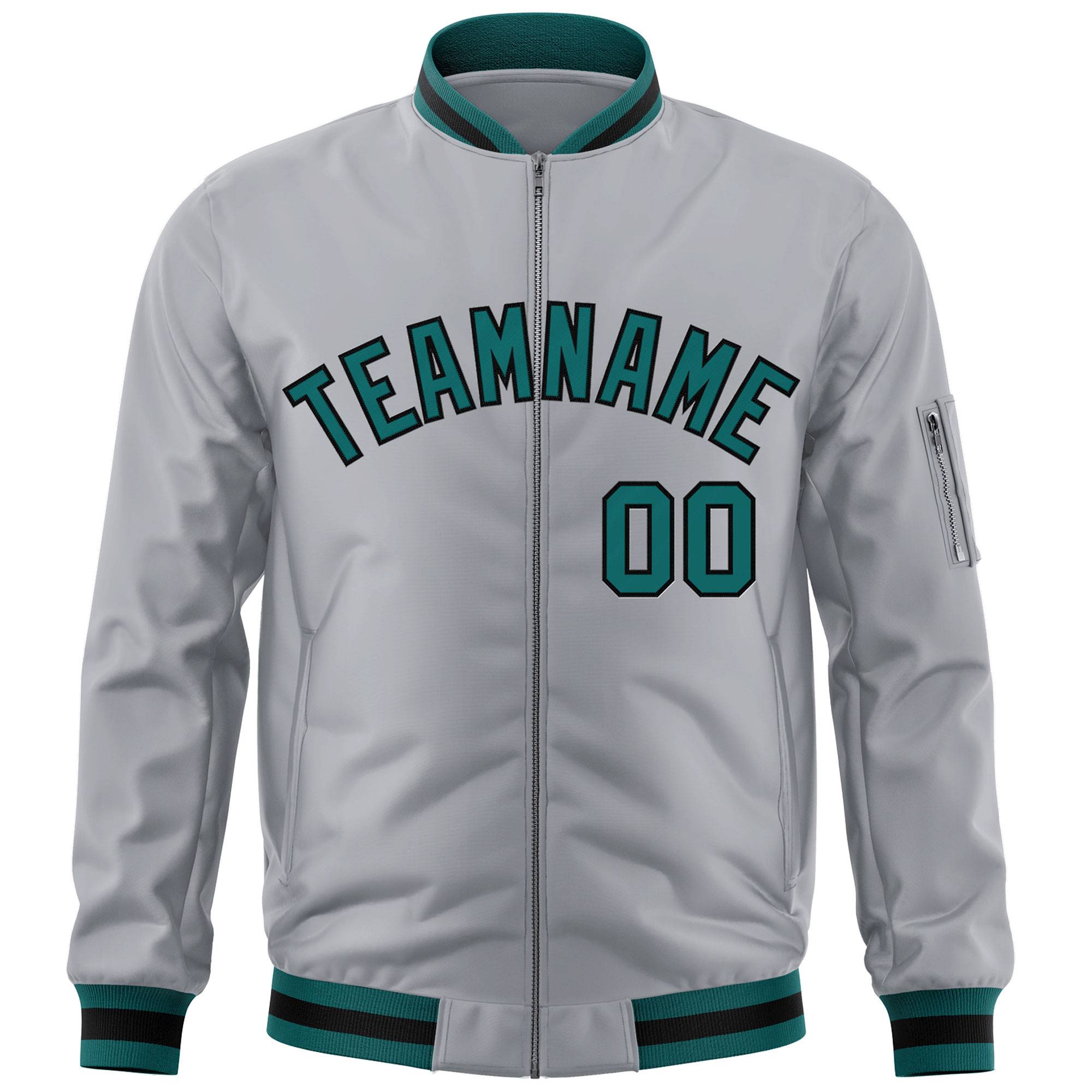 Custom Gray Aqua-Black Varsity Full-Zip Letterman Bomber Jacket