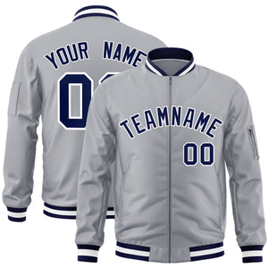 Custom Gray Navy-White Varsity Full-Zip Letterman Bomber Jacket