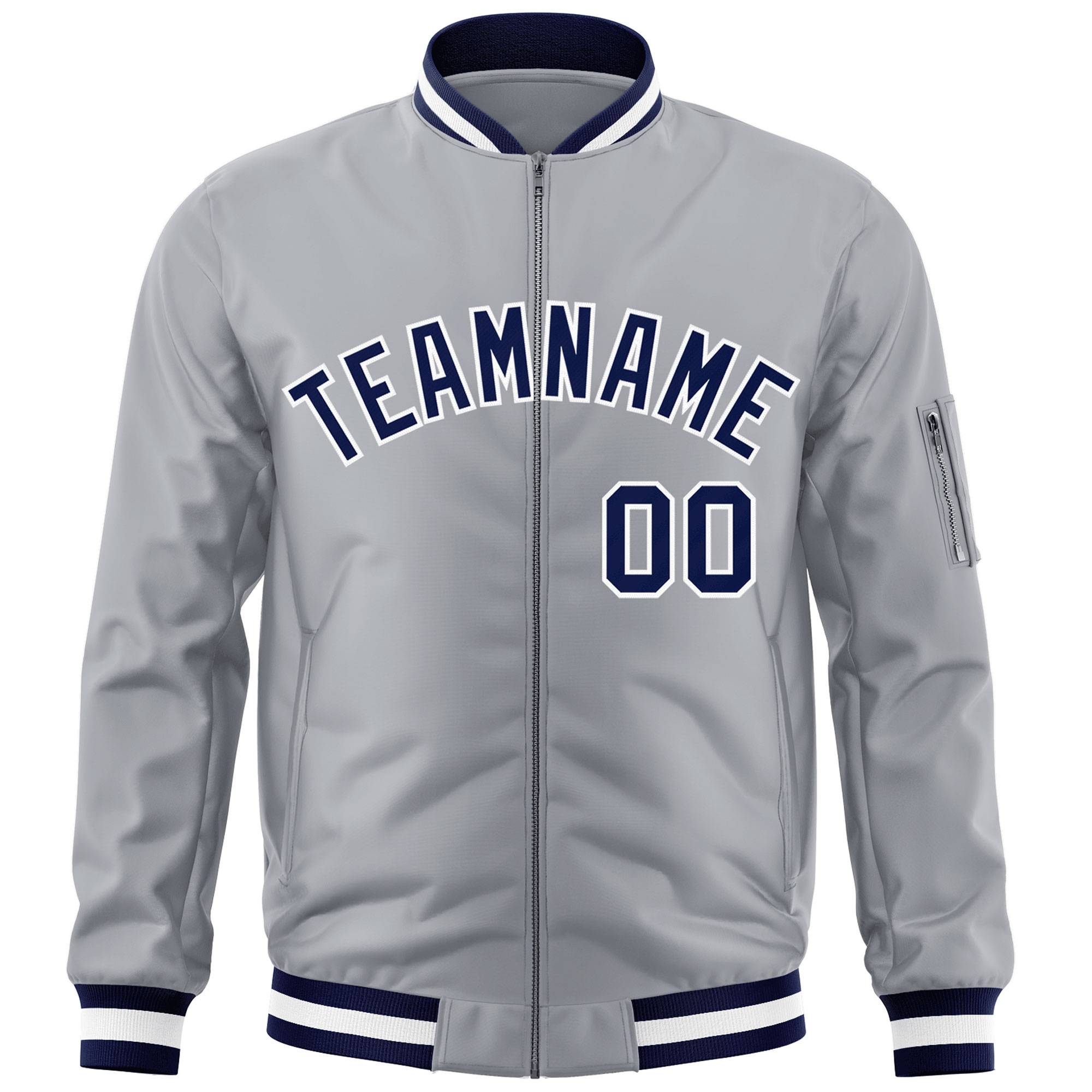 Custom Gray Navy-White Varsity Full-Zip Letterman Bomber Jacket