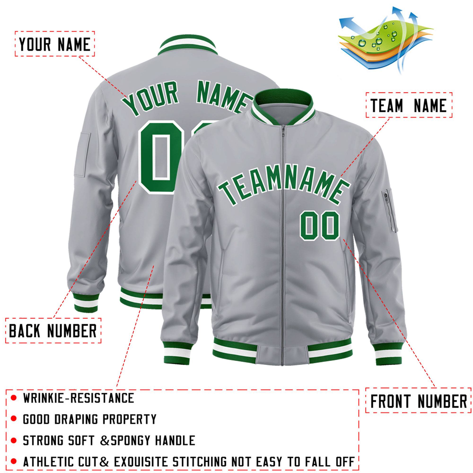 Custom Gray Kelly Green-White Varsity Full-Zip Letterman Bomber Jacket