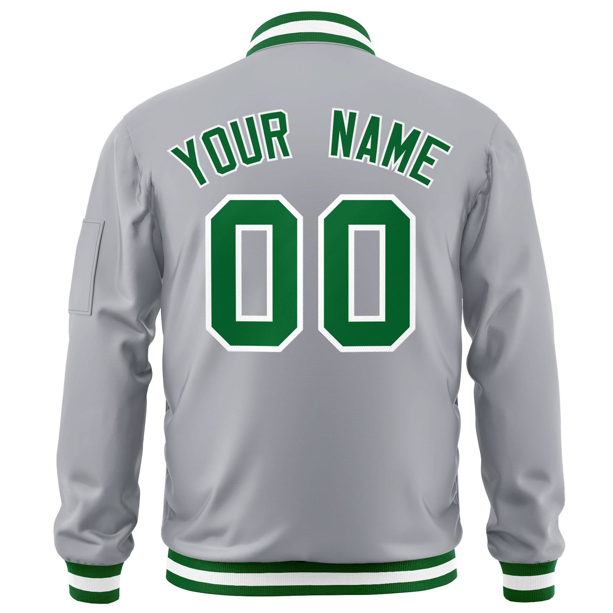 Custom Gray Kelly Green-White Varsity Full-Zip Letterman Bomber Jacket