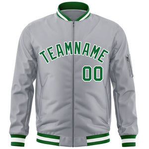 Custom Gray Kelly Green-White Varsity Full-Zip Letterman Bomber Jacket