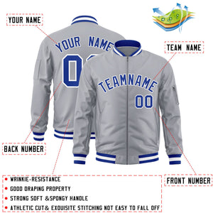 Custom Gray Royal-White Varsity Full-Zip Letterman Bomber Jacket