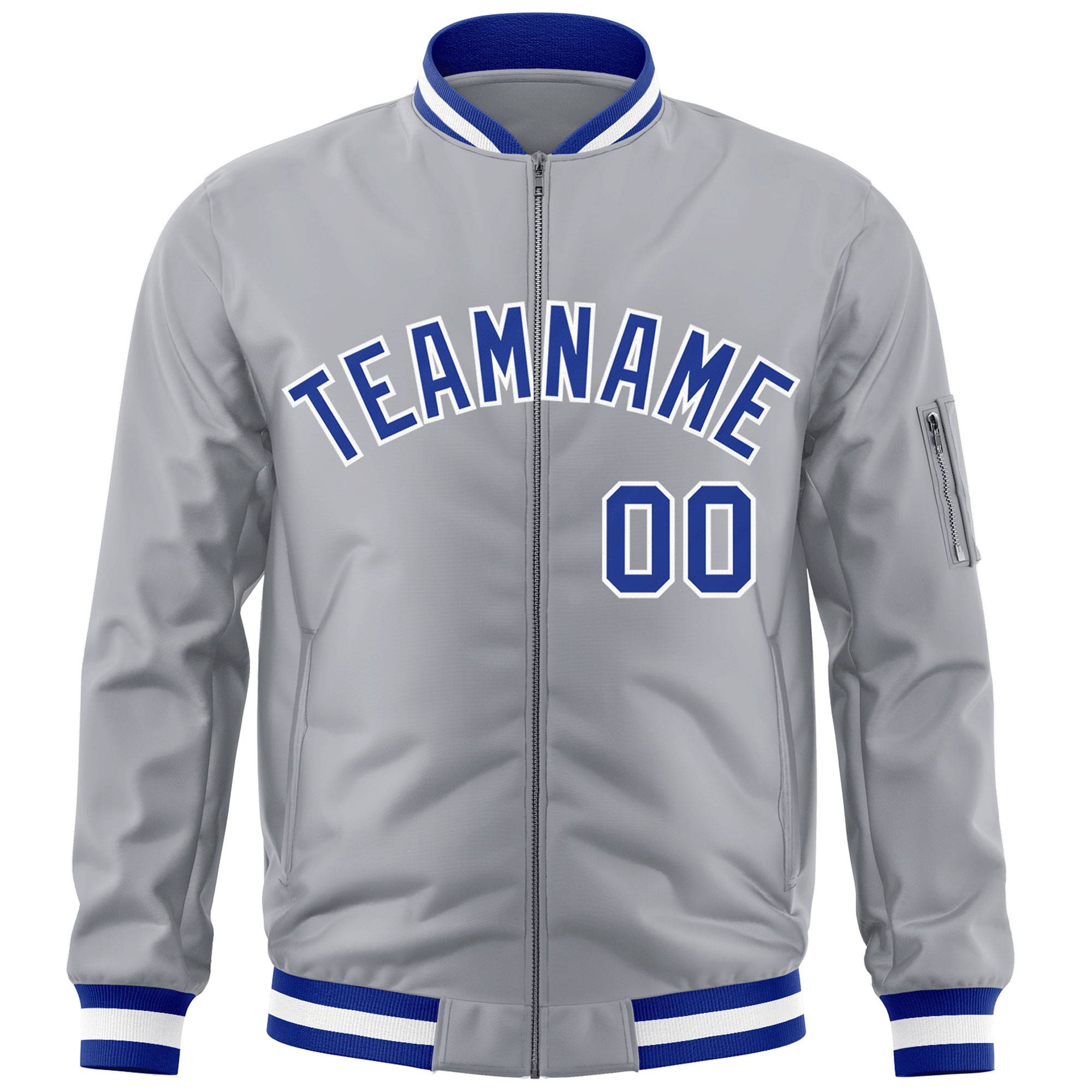 Custom Gray Royal-White Varsity Full-Zip Letterman Bomber Jacket