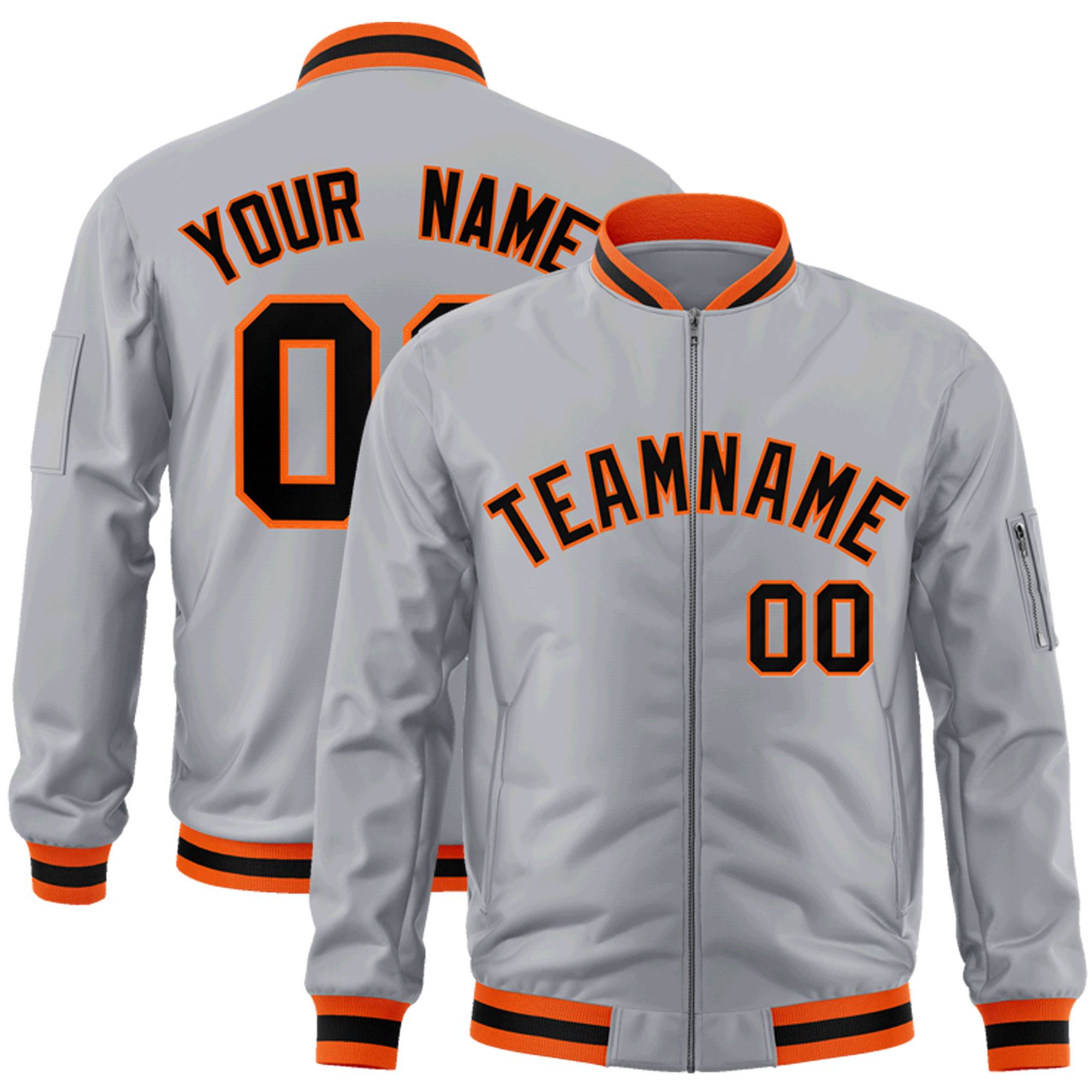 Custom Gray Black-Orange Varsity Full-Zip Letterman Bomber Jacket