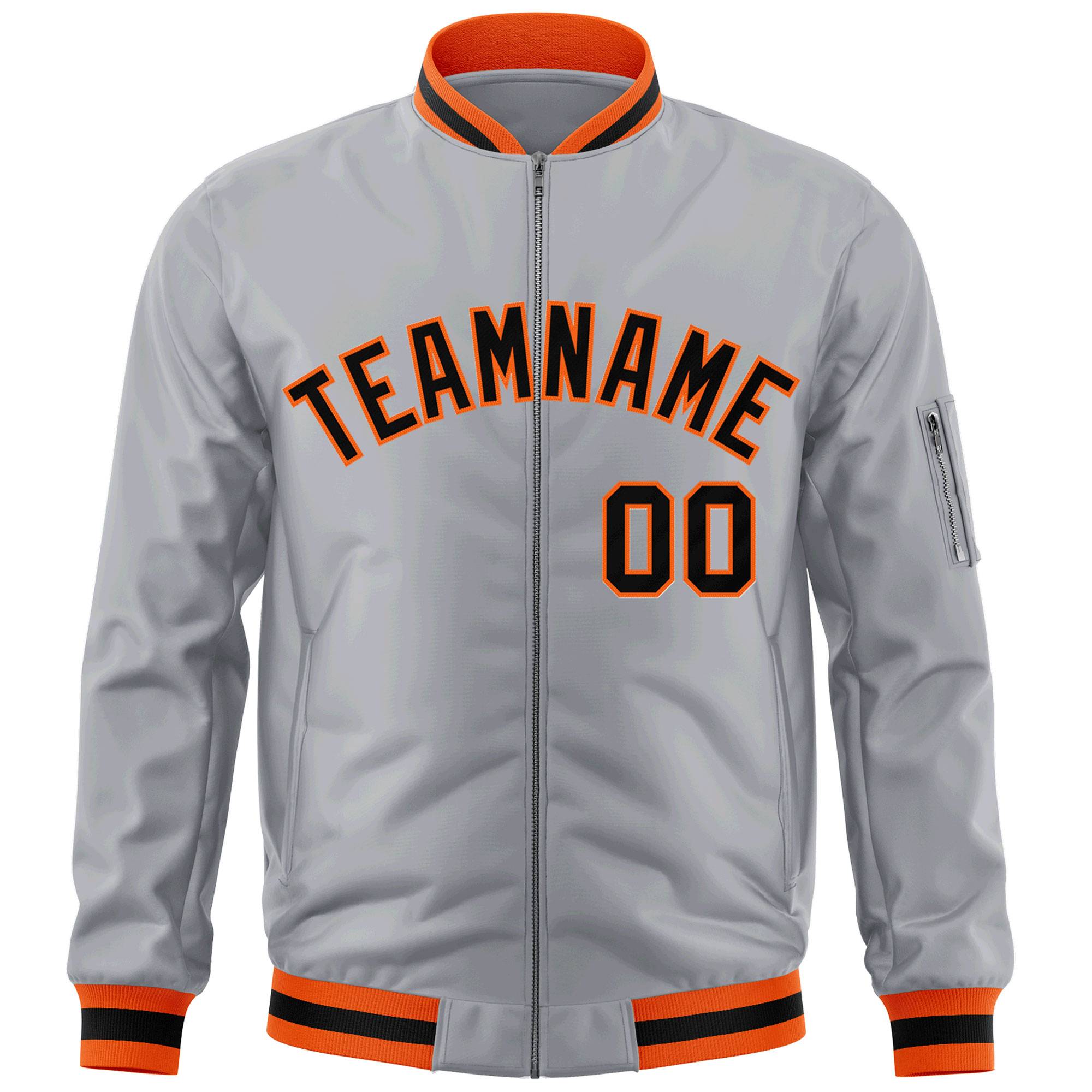 Custom Gray Black-Orange Varsity Full-Zip Letterman Bomber Jacket