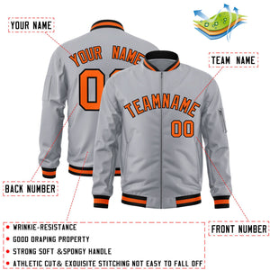 Custom Gray Orange-Black Varsity Full-Zip Letterman Bomber Jacket