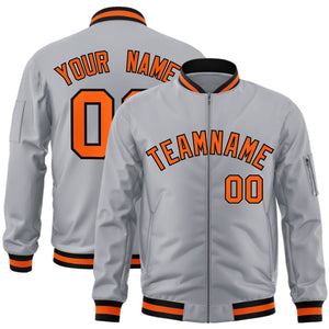 Custom Gray Orange-Black Varsity Full-Zip Letterman Bomber Jacket