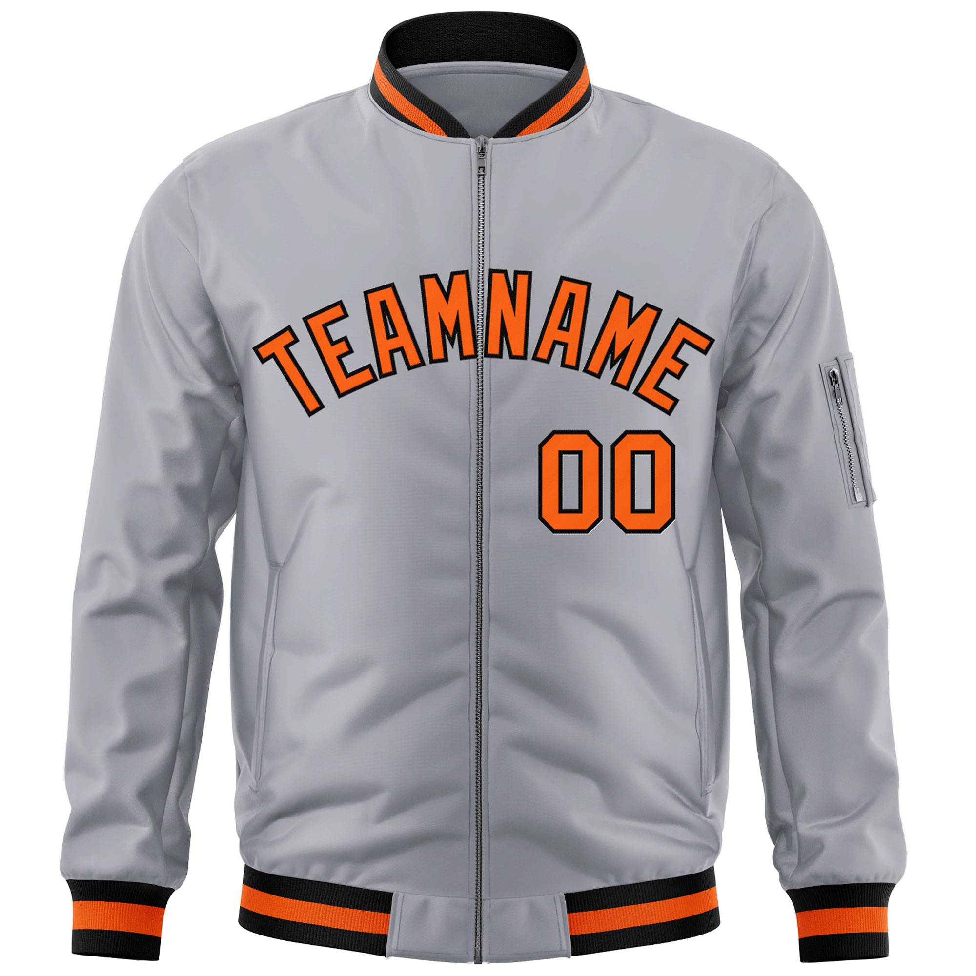 Custom Gray Orange-Black Varsity Full-Zip Letterman Bomber Jacket