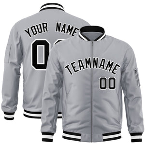 Custom Gray Black-White Varsity Full-Zip Letterman Bomber Jacket