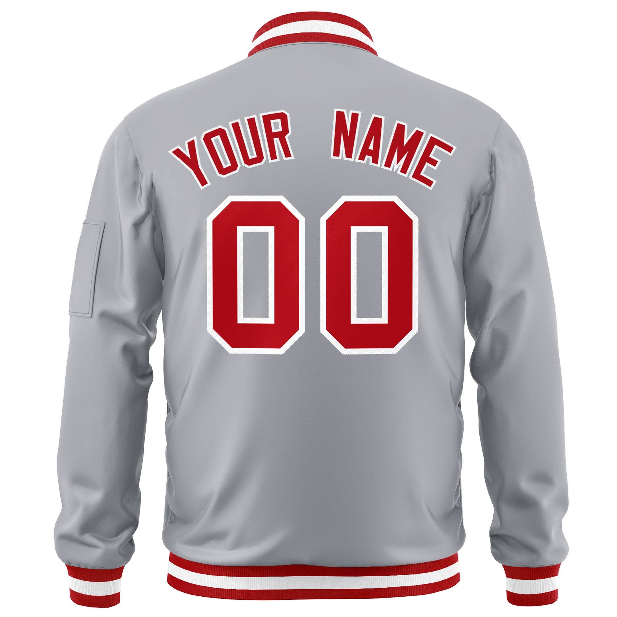 Custom Gray Red-White Varsity Full-Zip Letterman Bomber Jacket