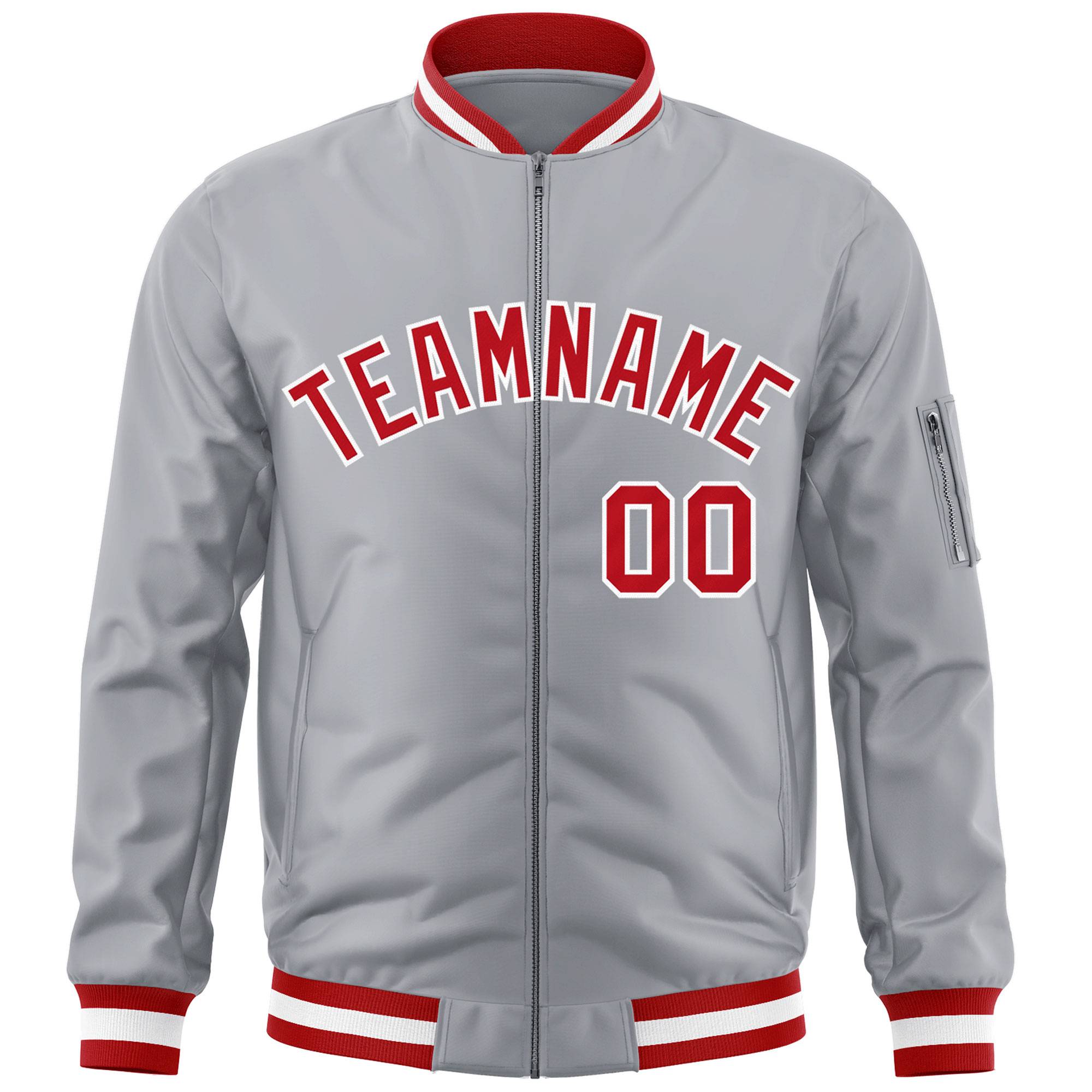 Custom Gray Red-White Varsity Full-Zip Letterman Bomber Jacket