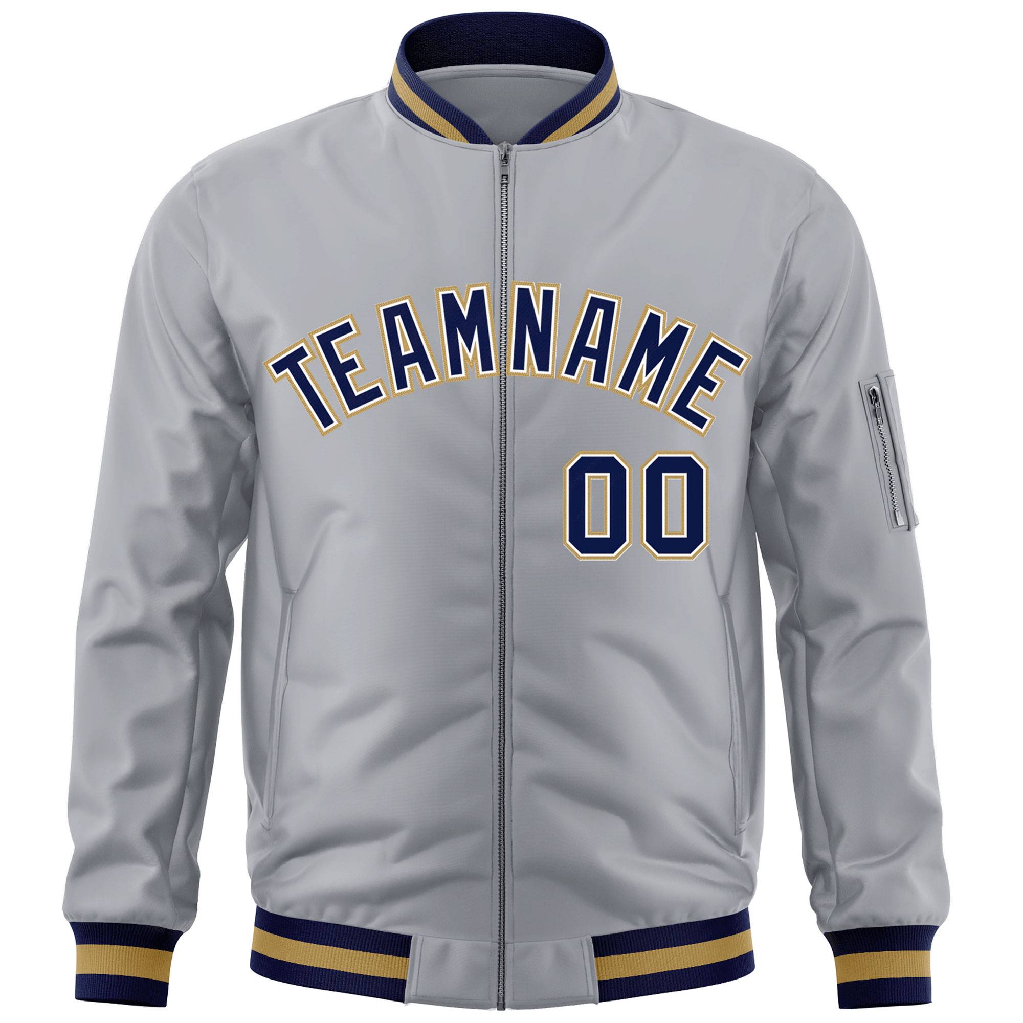 Custom Gray Navy-White Varsity Full-Zip Letterman Bomber Jacket