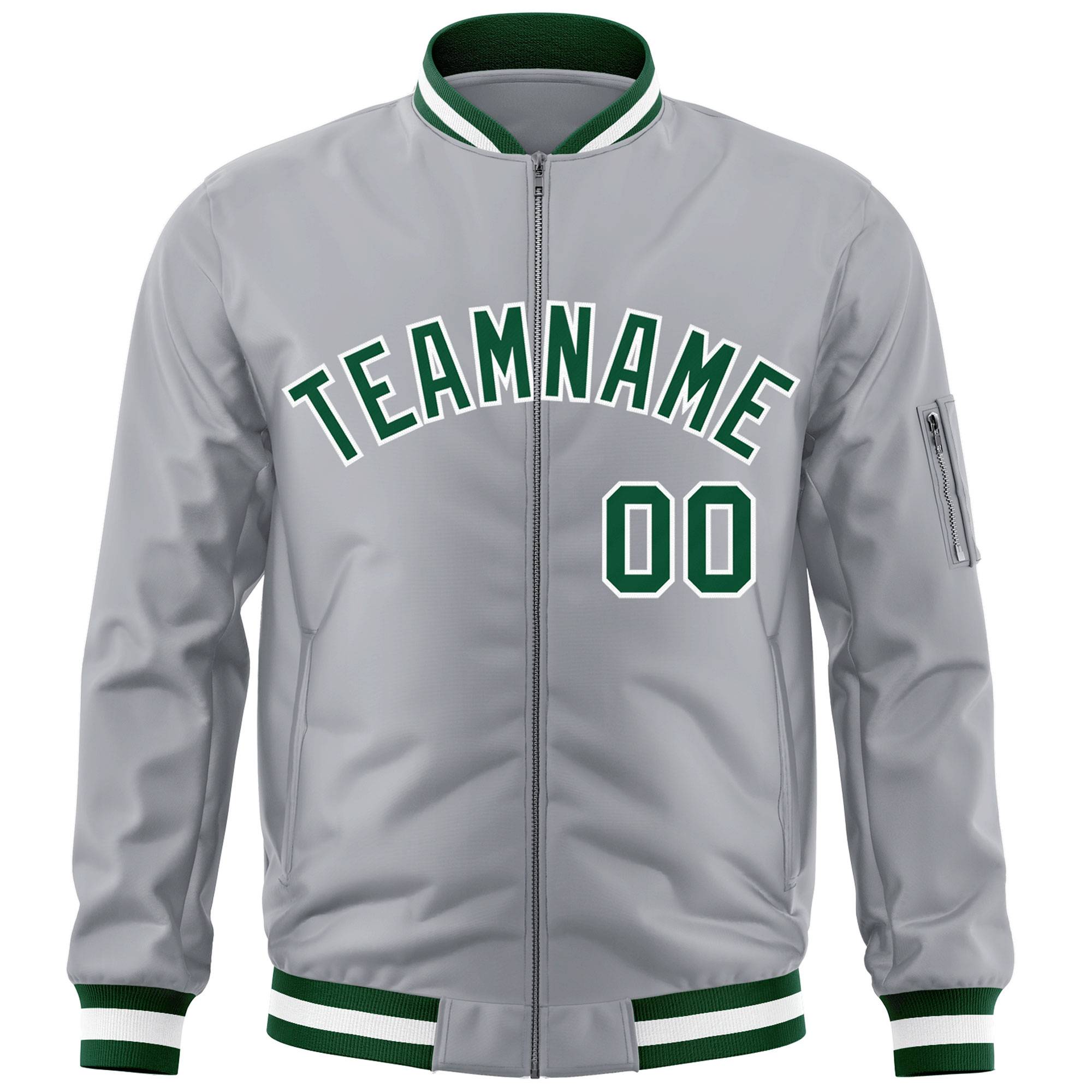 Custom Gray Green-White Varsity Full-Zip Letterman Bomber Jacket