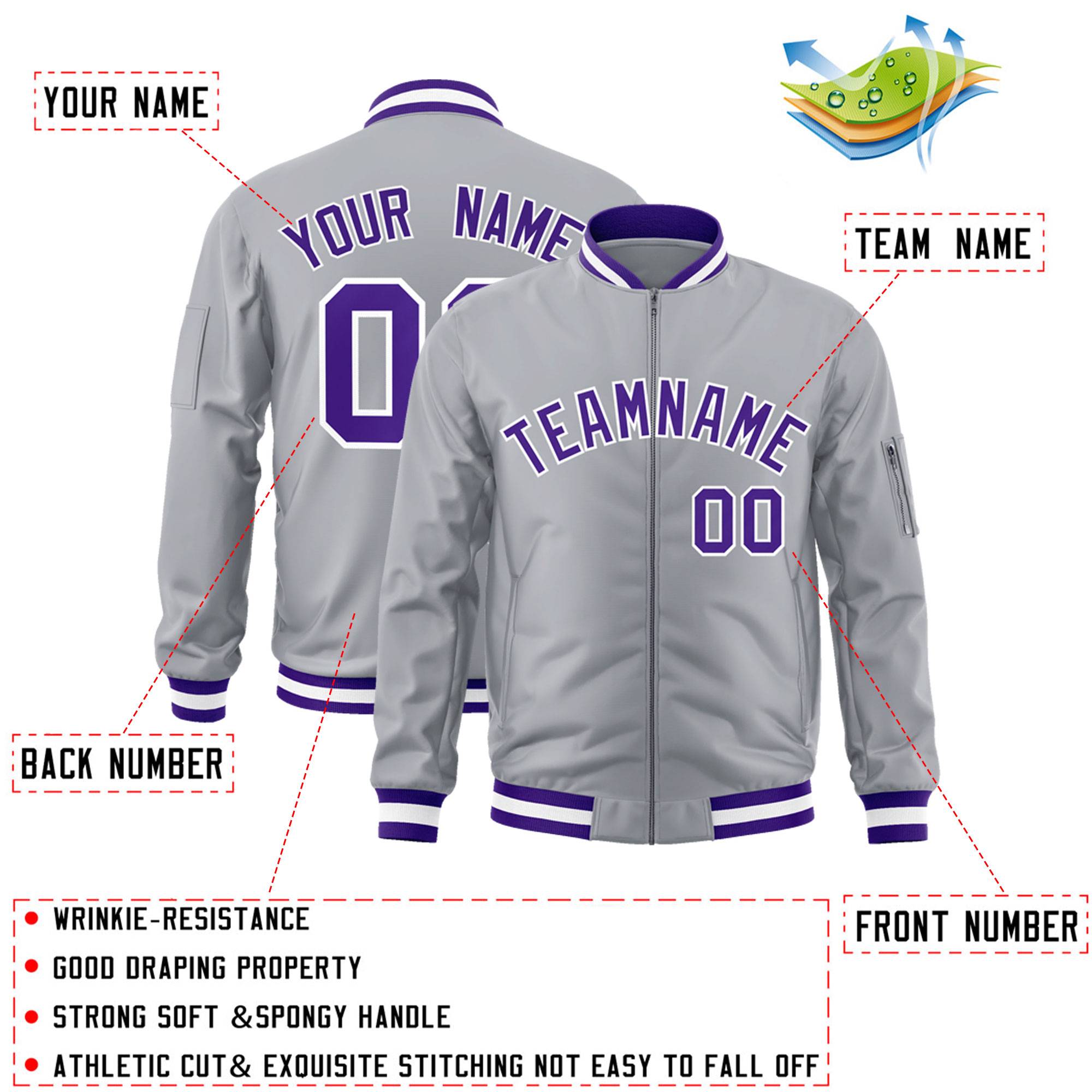 Custom Gray Purple-White Varsity Full-Zip Letterman Bomber Jacket