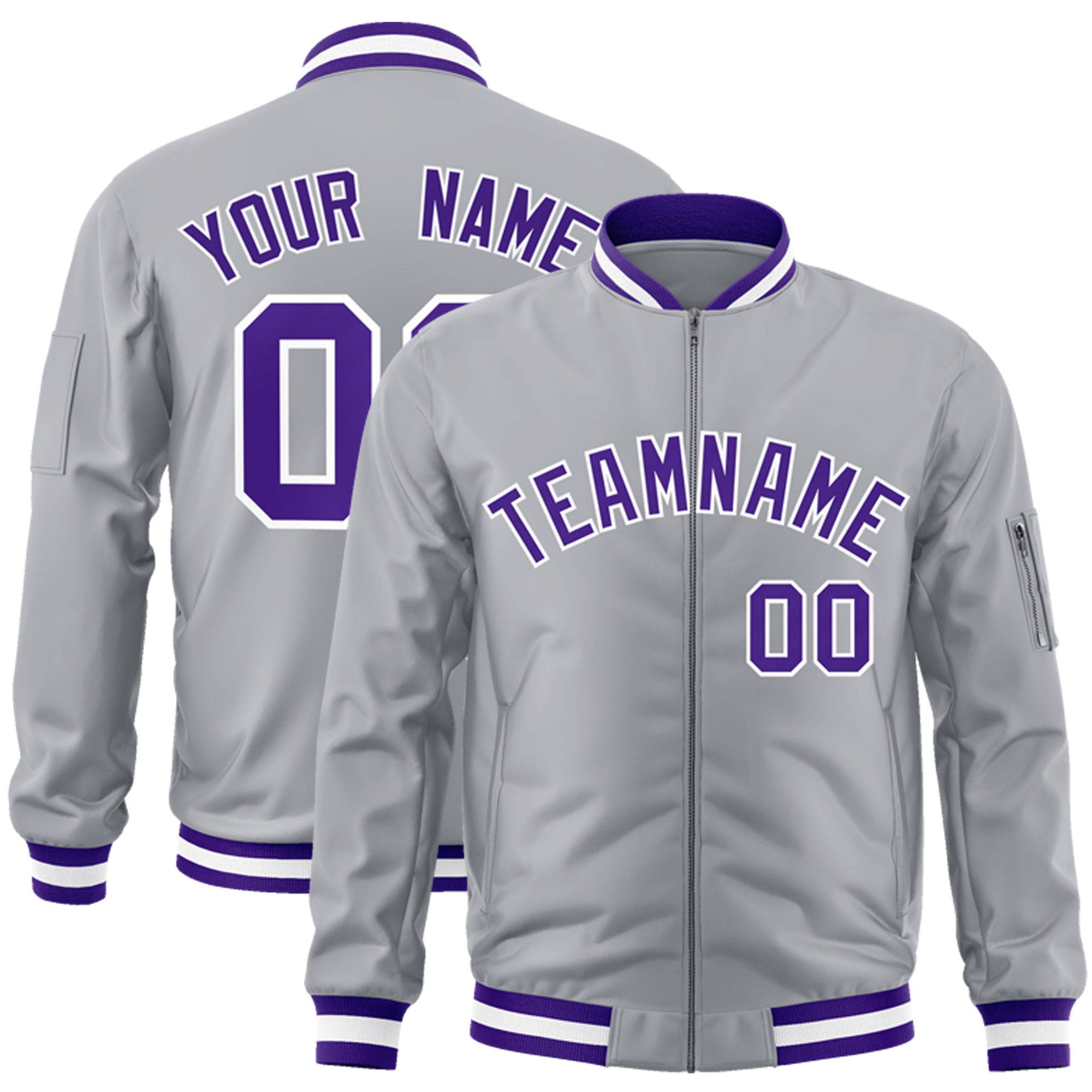 Custom Gray Purple-White Varsity Full-Zip Letterman Bomber Jacket