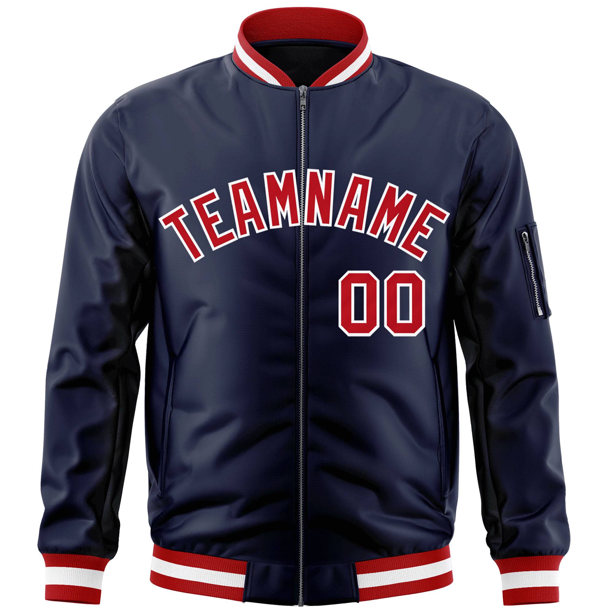 Custom Navy Red-White Varsity Full-Zip Letterman Bomber Jacket