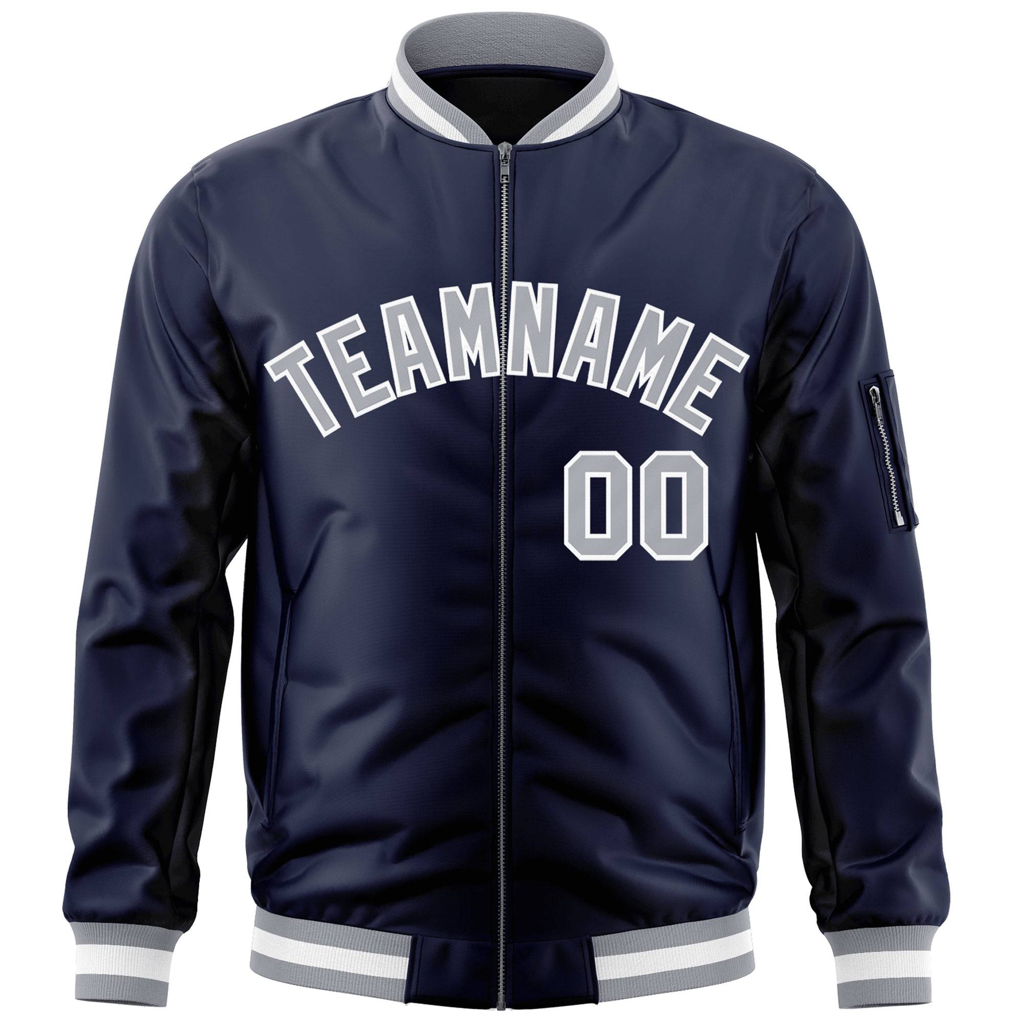 Custom Navy Gray-White Varsity Full-Zip Letterman Bomber Jacket