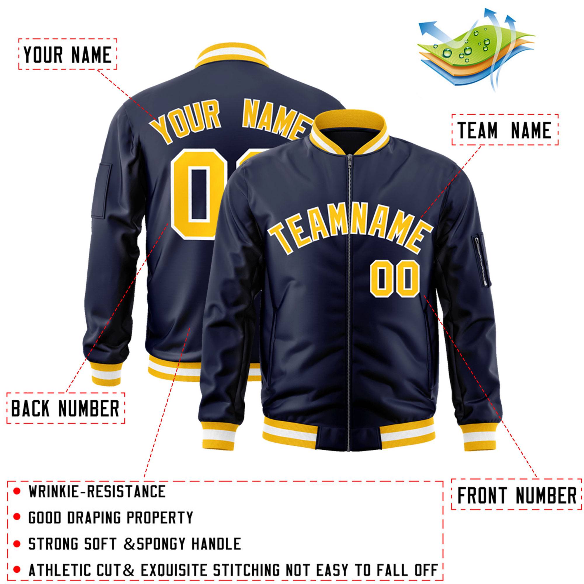 Custom Navy Gold-White Varsity Full-Zip Letterman Bomber Jacket