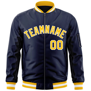 Custom Navy Gold-White Varsity Full-Zip Letterman Bomber Jacket