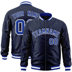 Custom Navy Royal-White Varsity Full-Zip Letterman Bomber Jacket