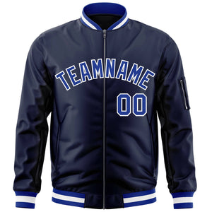 Custom Navy Royal-White Varsity Full-Zip Letterman Bomber Jacket