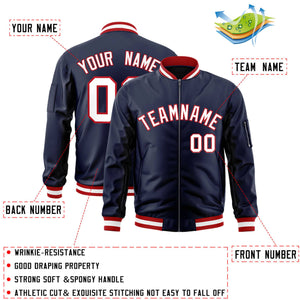 Custom Navy White-Red Varsity Full-Zip Letterman Bomber Jacket