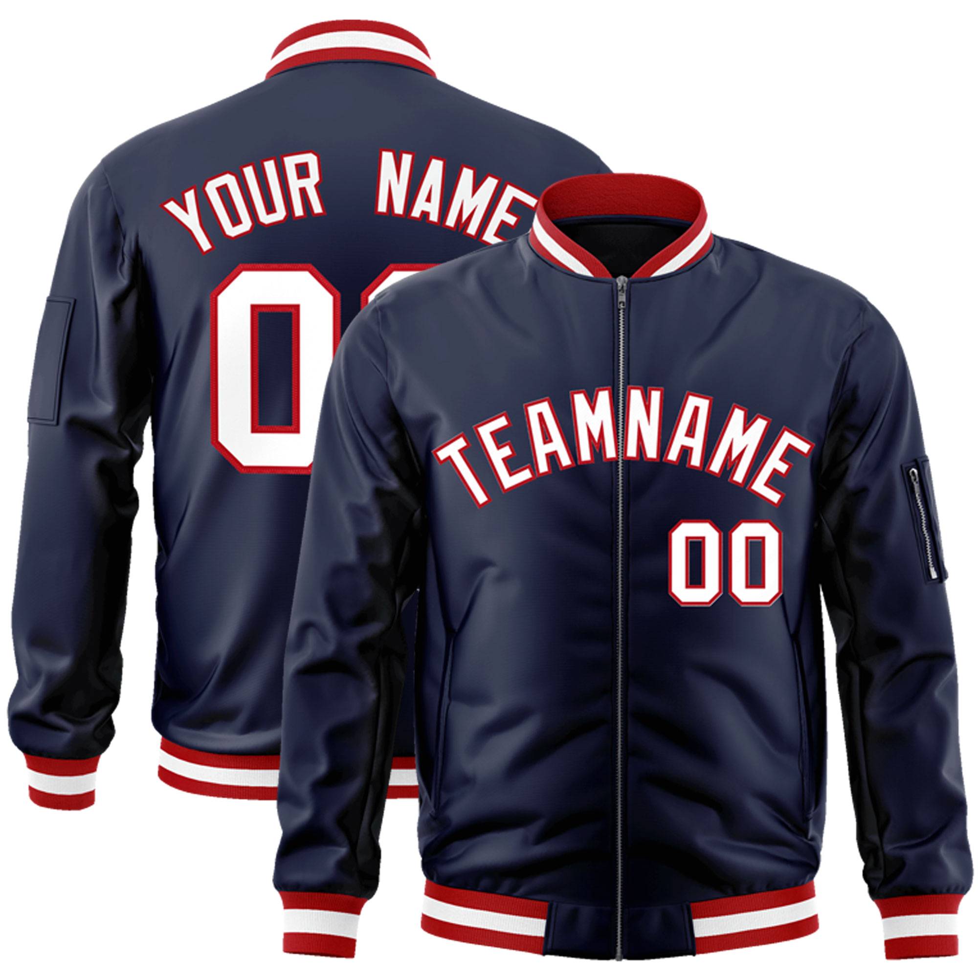 Custom Navy White-Red Varsity Full-Zip Letterman Bomber Jacket