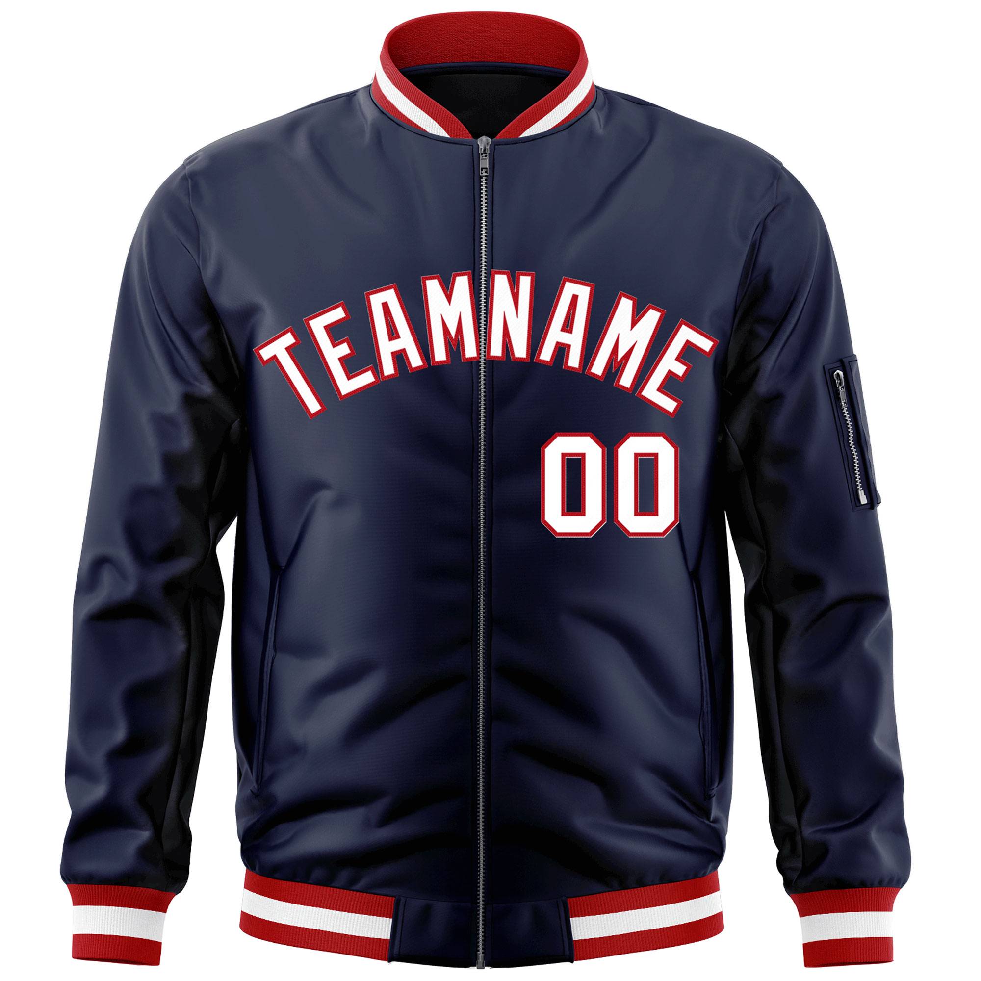 Custom Navy White-Red Varsity Full-Zip Letterman Bomber Jacket