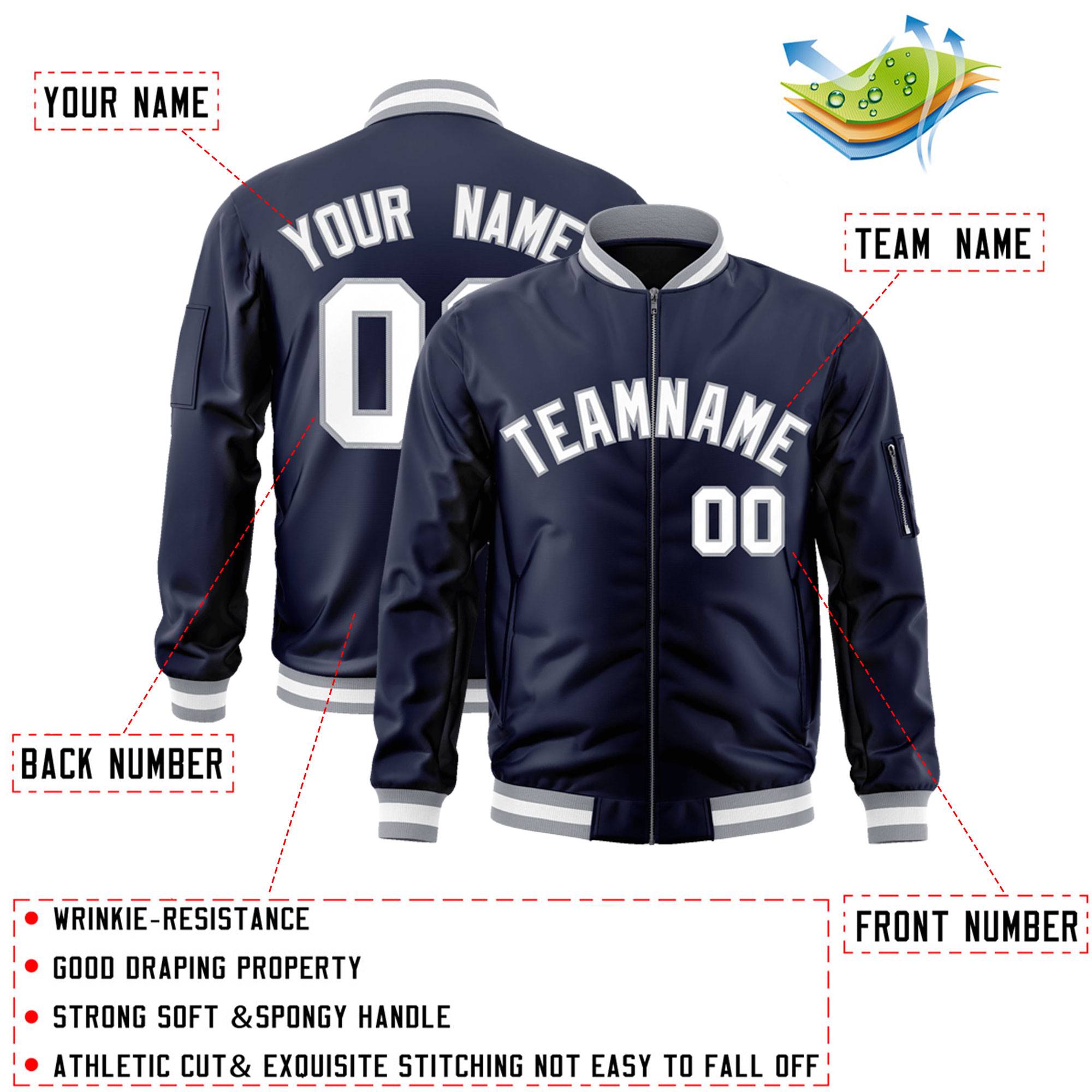 Custom Navy White-Gray Varsity Full-Zip Letterman Bomber Jacket