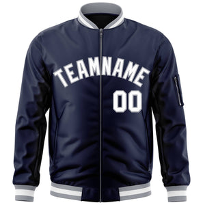 Custom Navy White-Gray Varsity Full-Zip Letterman Bomber Jacket