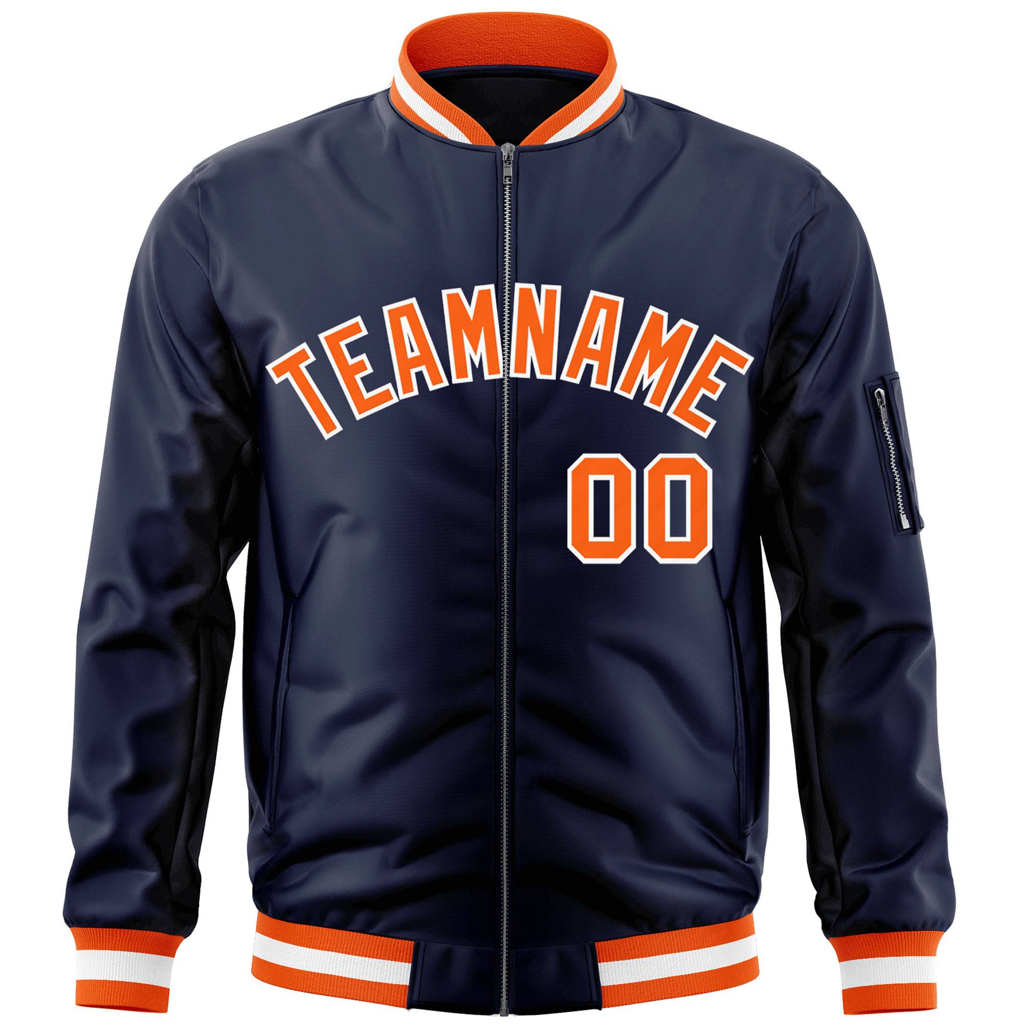 Custom Navy Orange-White Varsity Full-Zip Letterman Bomber Jacket