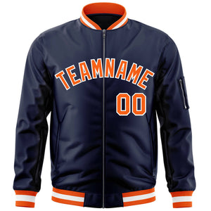 Custom Navy Orange-White Varsity Full-Zip Letterman Bomber Jacket