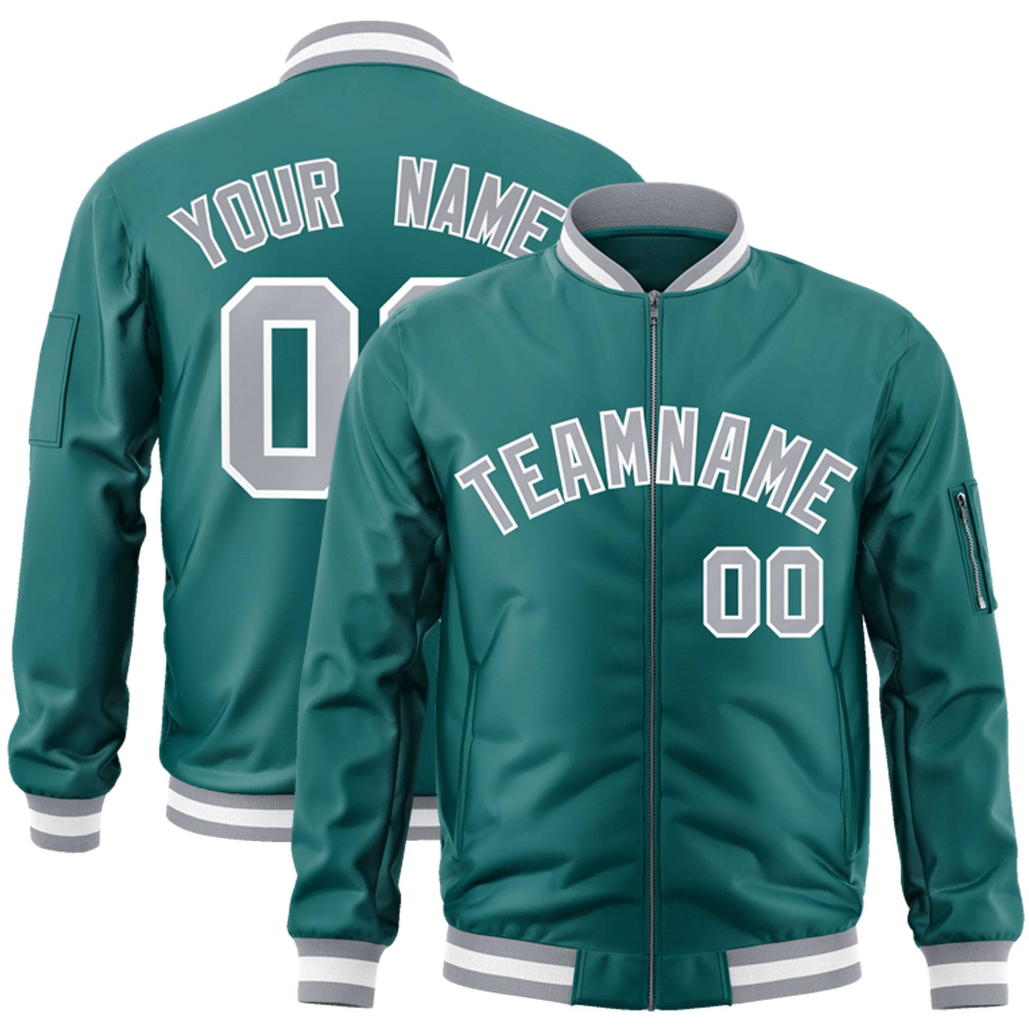 Custom Aqua Gray-White Varsity Full-Zip Letterman Bomber Jacket