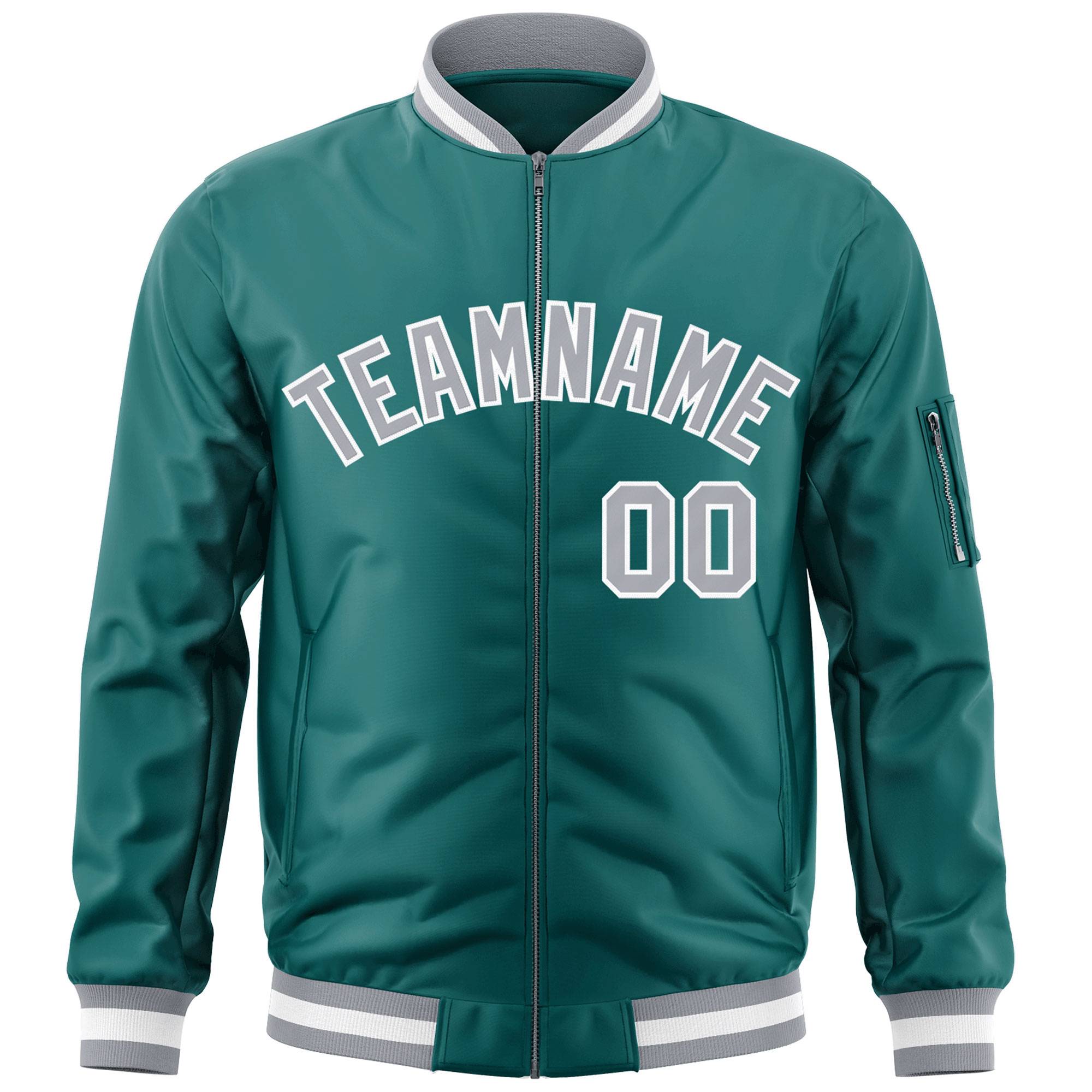 Custom Aqua Gray-White Varsity Full-Zip Letterman Bomber Jacket