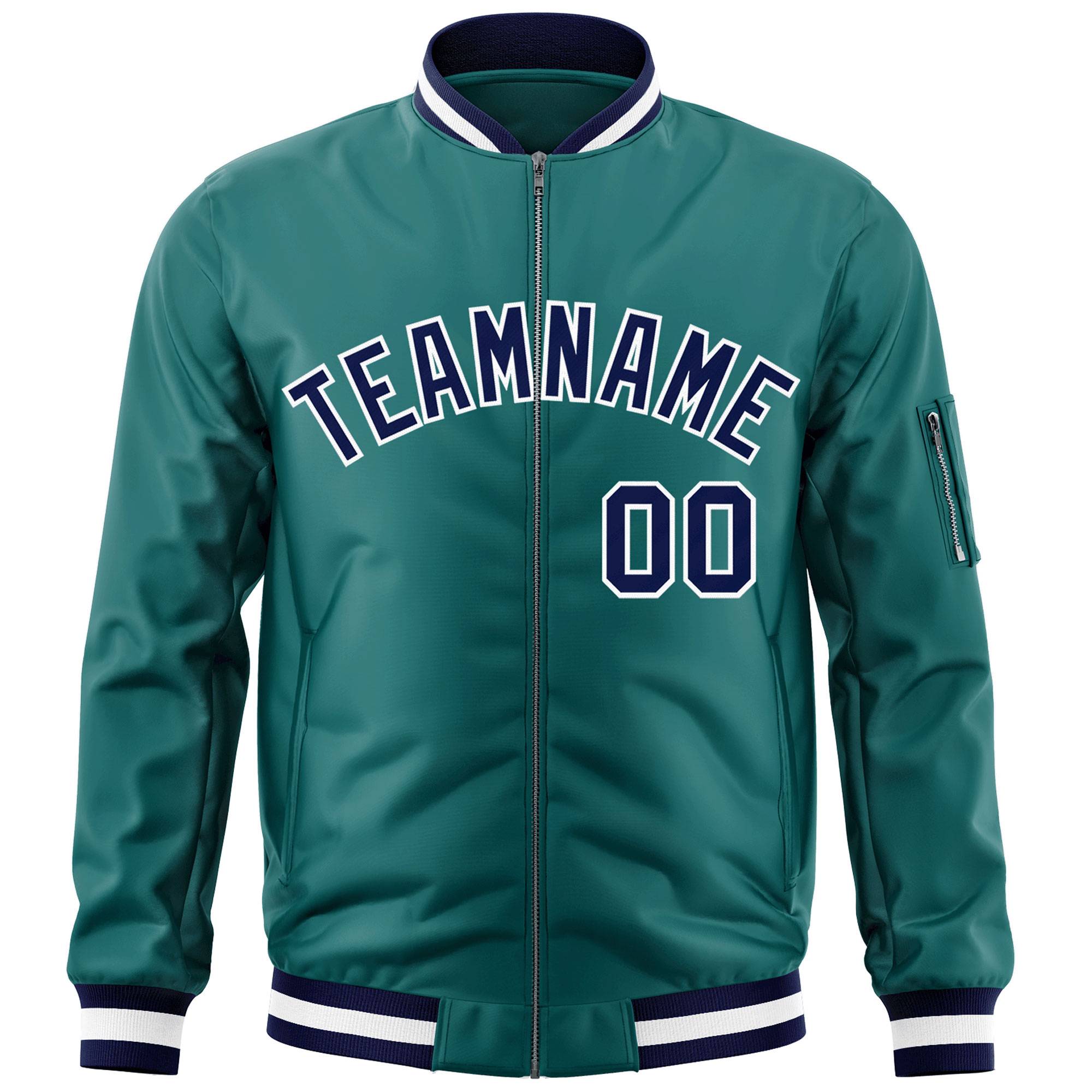 Custom Aqua Navy-White Varsity Full-Zip Letterman Bomber Jacket