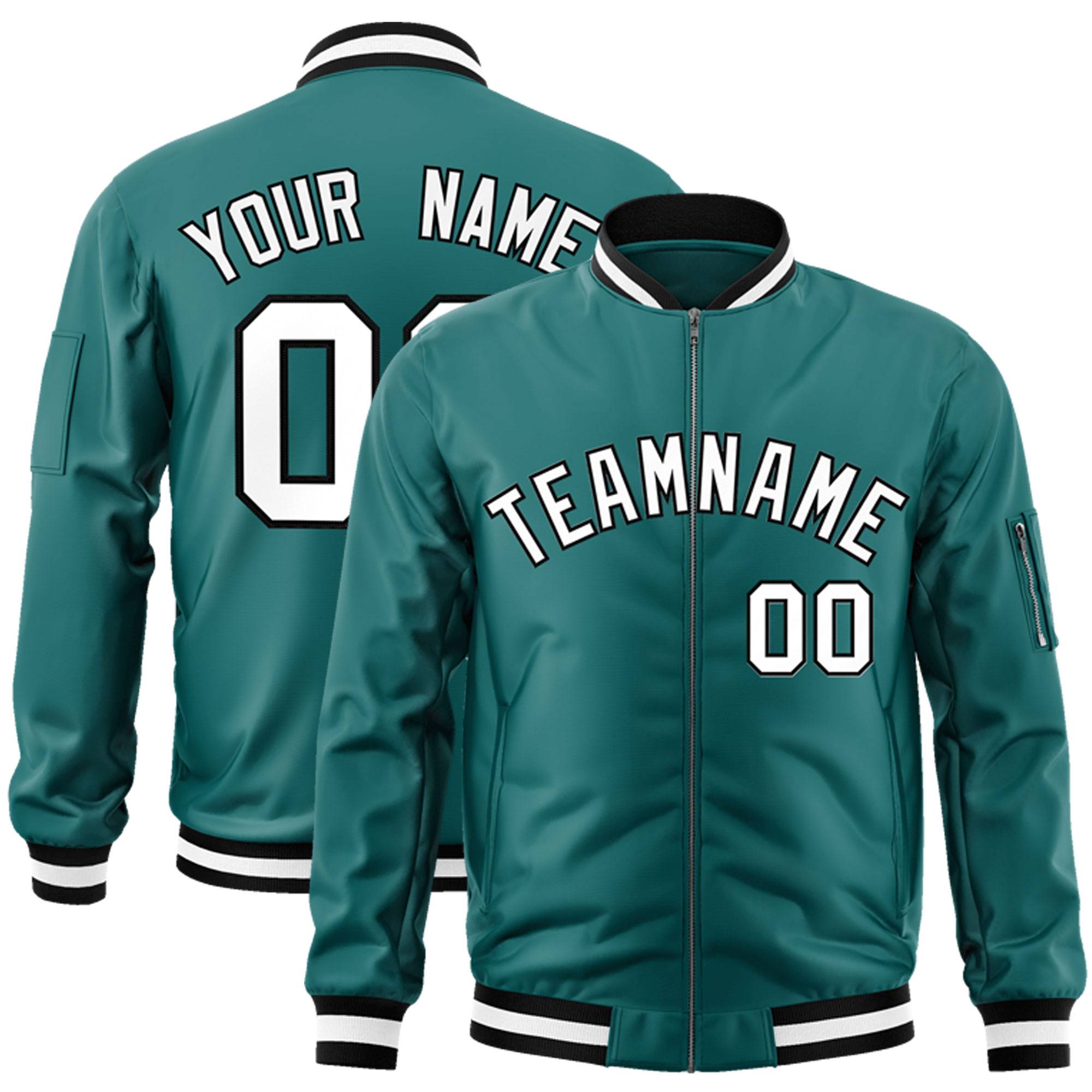 Custom Aqua White-Black Varsity Full-Zip Letterman Bomber Jacket